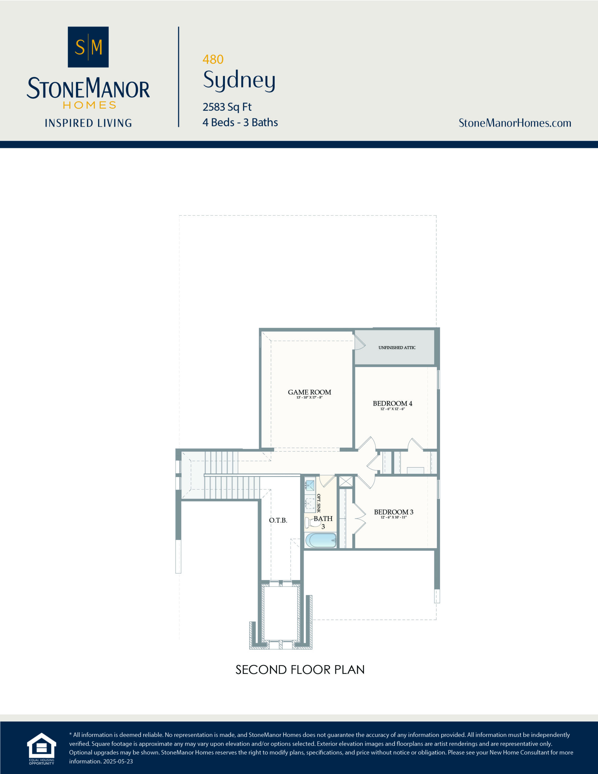 Second floor plan of a house labeled Sydney by StoneManor Homes, showing a game room, laundry room, bathroom, and three bedrooms, connected by a hallway.