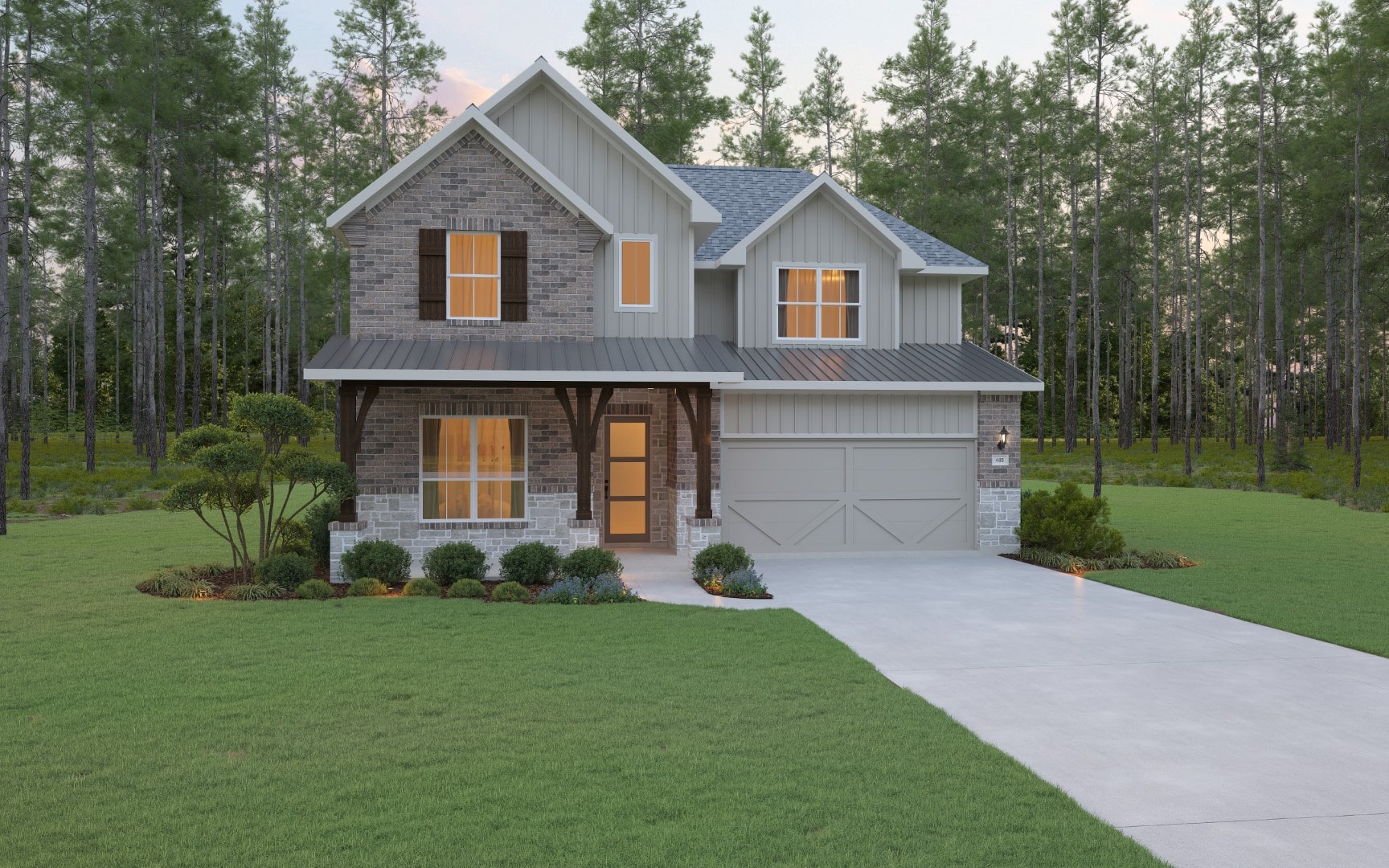 Two-story modern suburban house with a brick and siding exterior, a covered front porch, and a double garage, surrounded by a spacious green lawn and trees in the background.