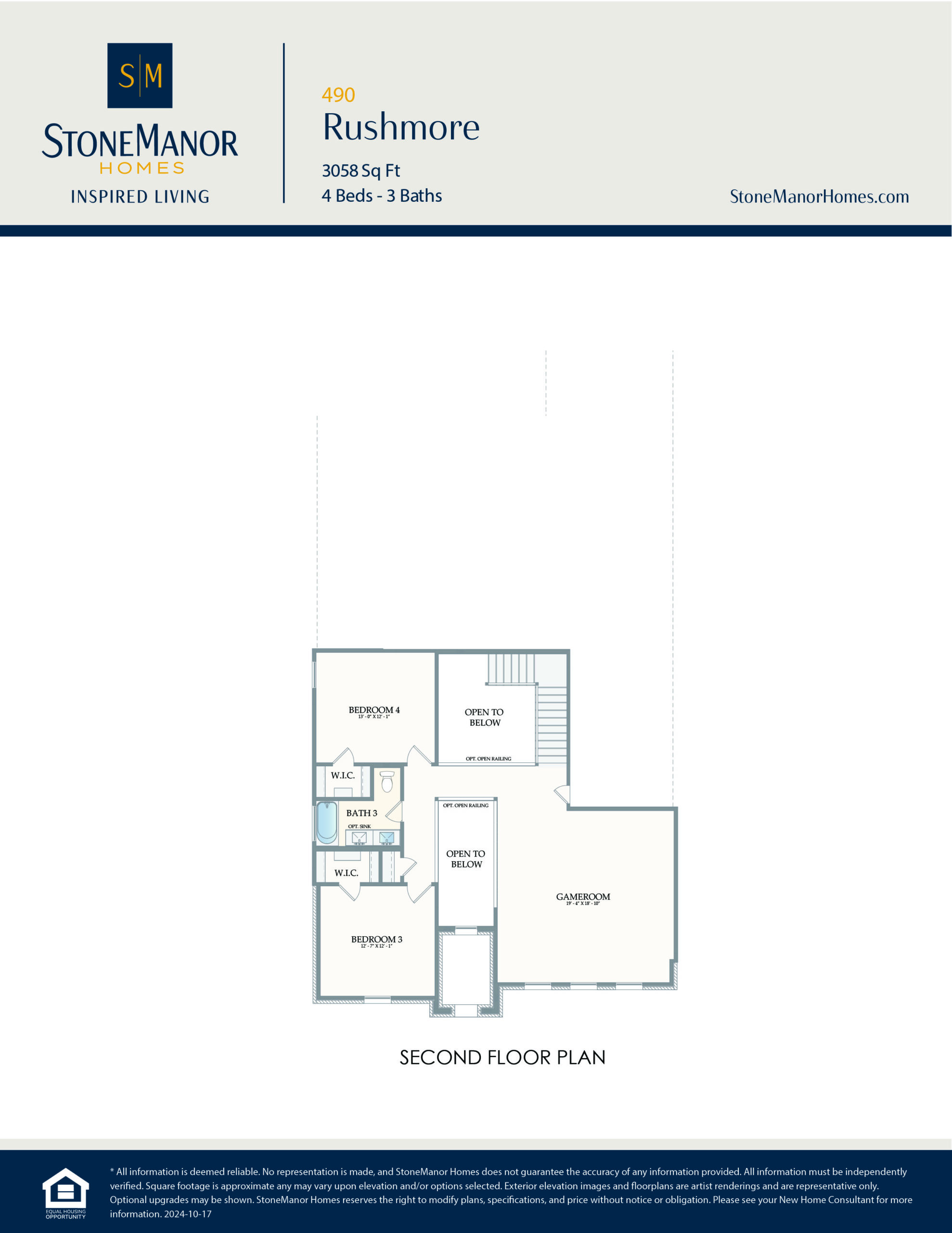 Second floor plan of a house showing two bedrooms, a bathroom, a walk-in closet, a loft area, open to below space, and stair access. The layout is labeled and part of a StoneManor Homes brochure.