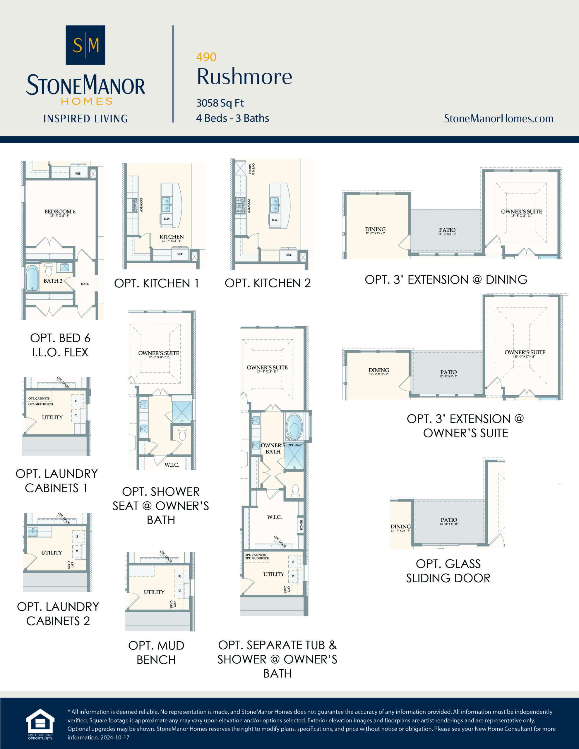 A floor plan options sheet for the Rushmore home by StoneManor Homes, showing layout choices for kitchens, extensions, bathrooms, laundry, and mud bench. The sheet includes diagrams and option labels.