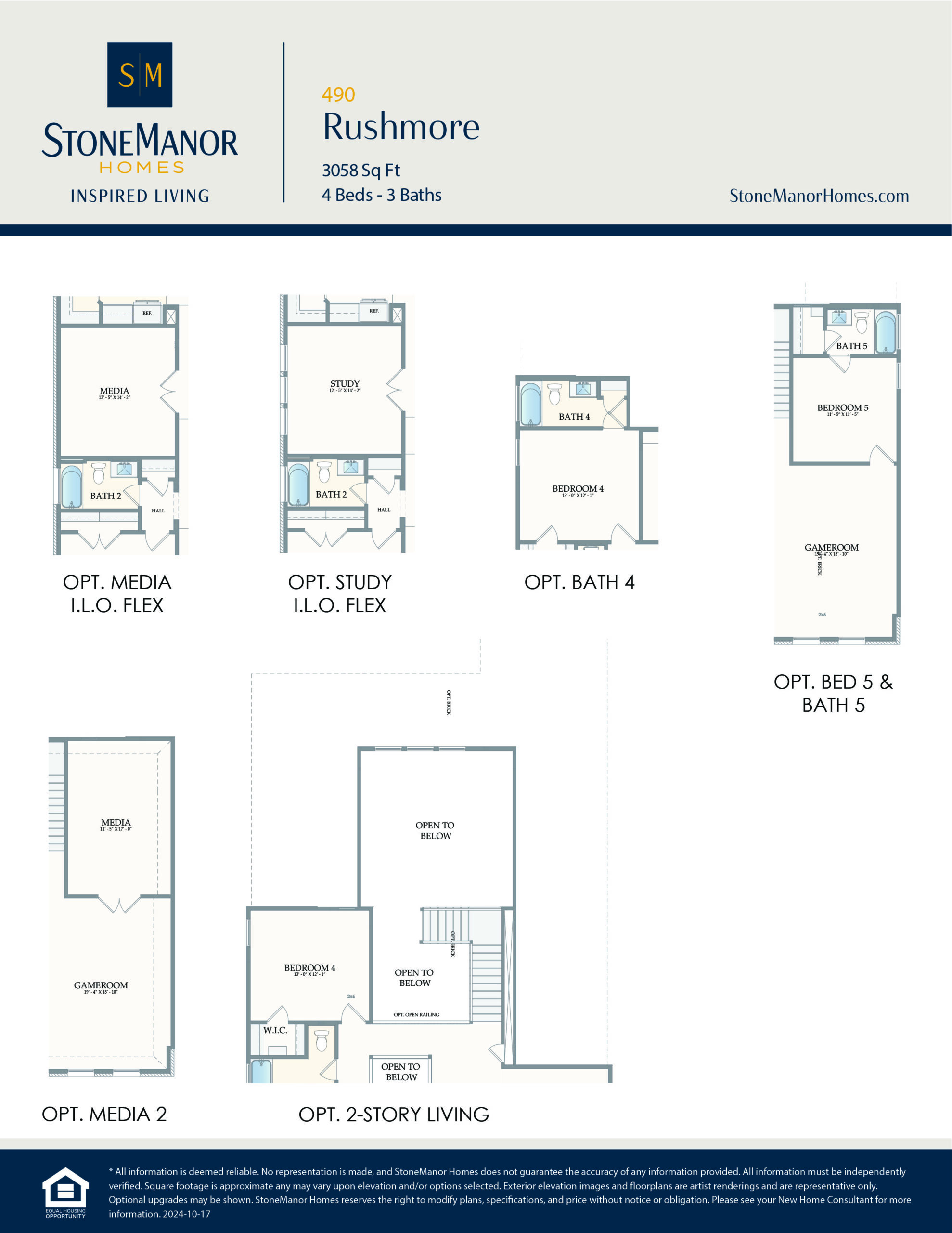 Floor plans for the Rushmore home by Stone Manor Homes, showing optional rooms: media, study, bath 4, bed 5 & bath 5, media 2, and 2-story living. Each layout highlights different design options.