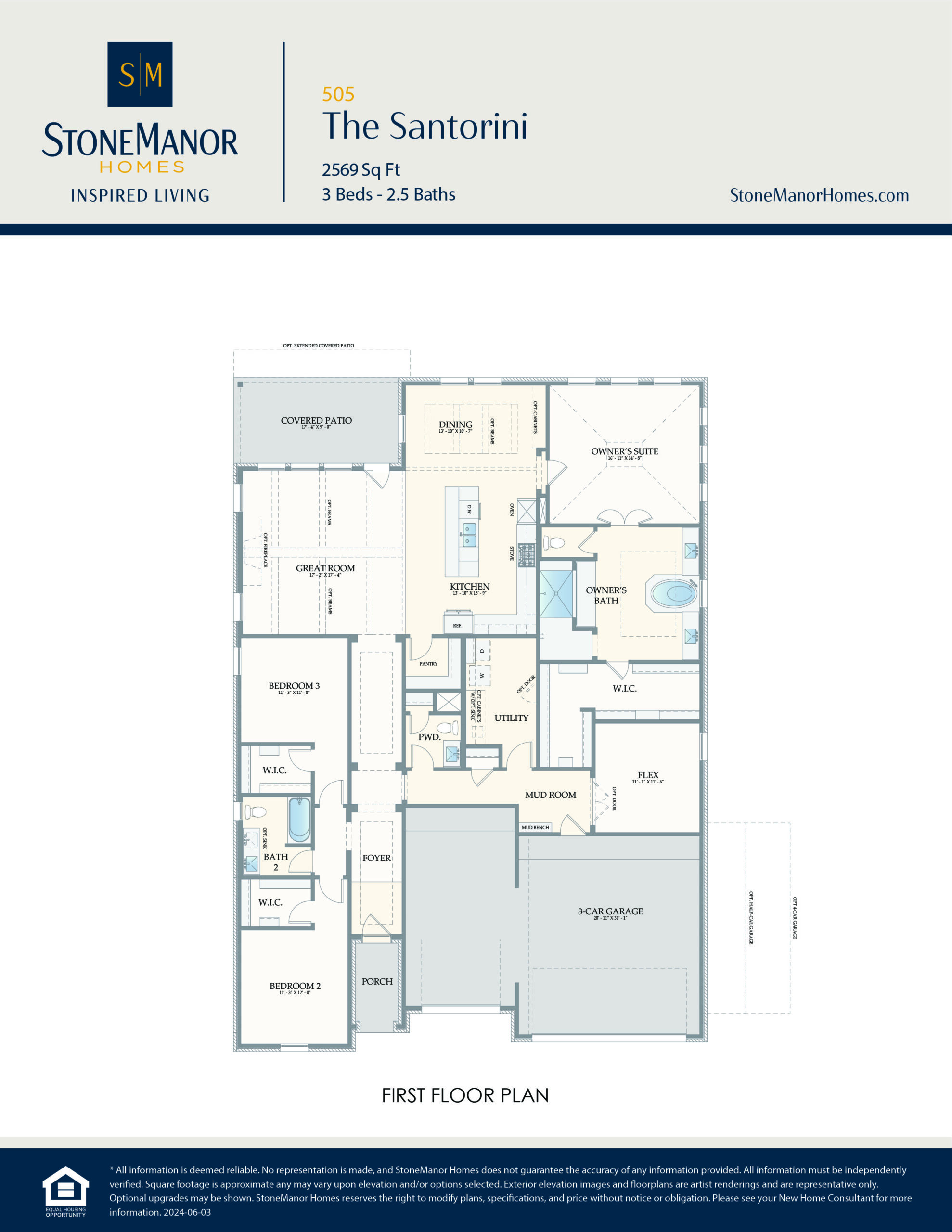 First floor plan for a 3-bedroom, 2.5-bath home called The Santorini by Stone Manor Homes, showing labeled rooms including garage, kitchen, dining, living areas, and bathrooms.