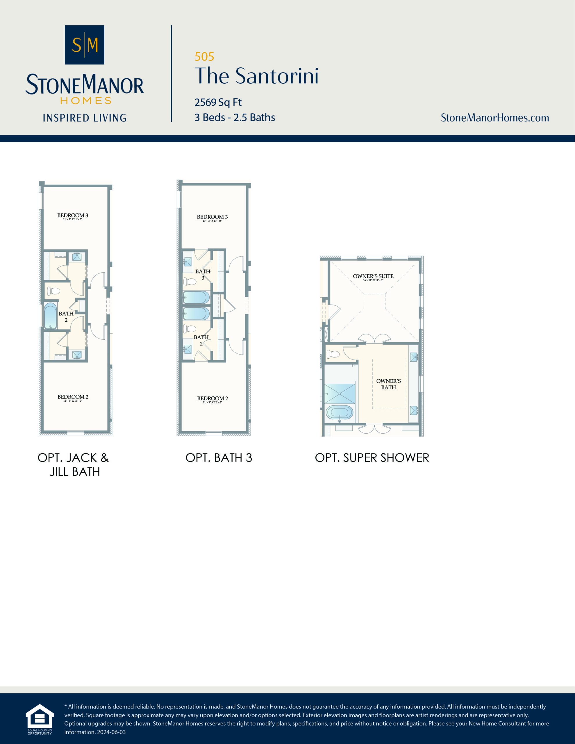 Three floor plan options for the Santorini home: Jack & Jill bath, a third bathroom, and a super shower layout; each option shows different bathroom configurations in blue and white.