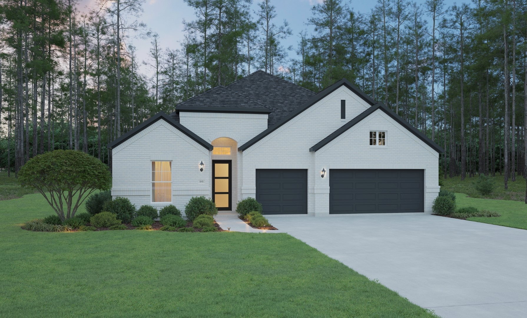 Modern single-story white brick house with black roof, three-car garage, manicured shrubs, and a wide driveway, set against a backdrop of tall pine trees and a cloudy sky.
