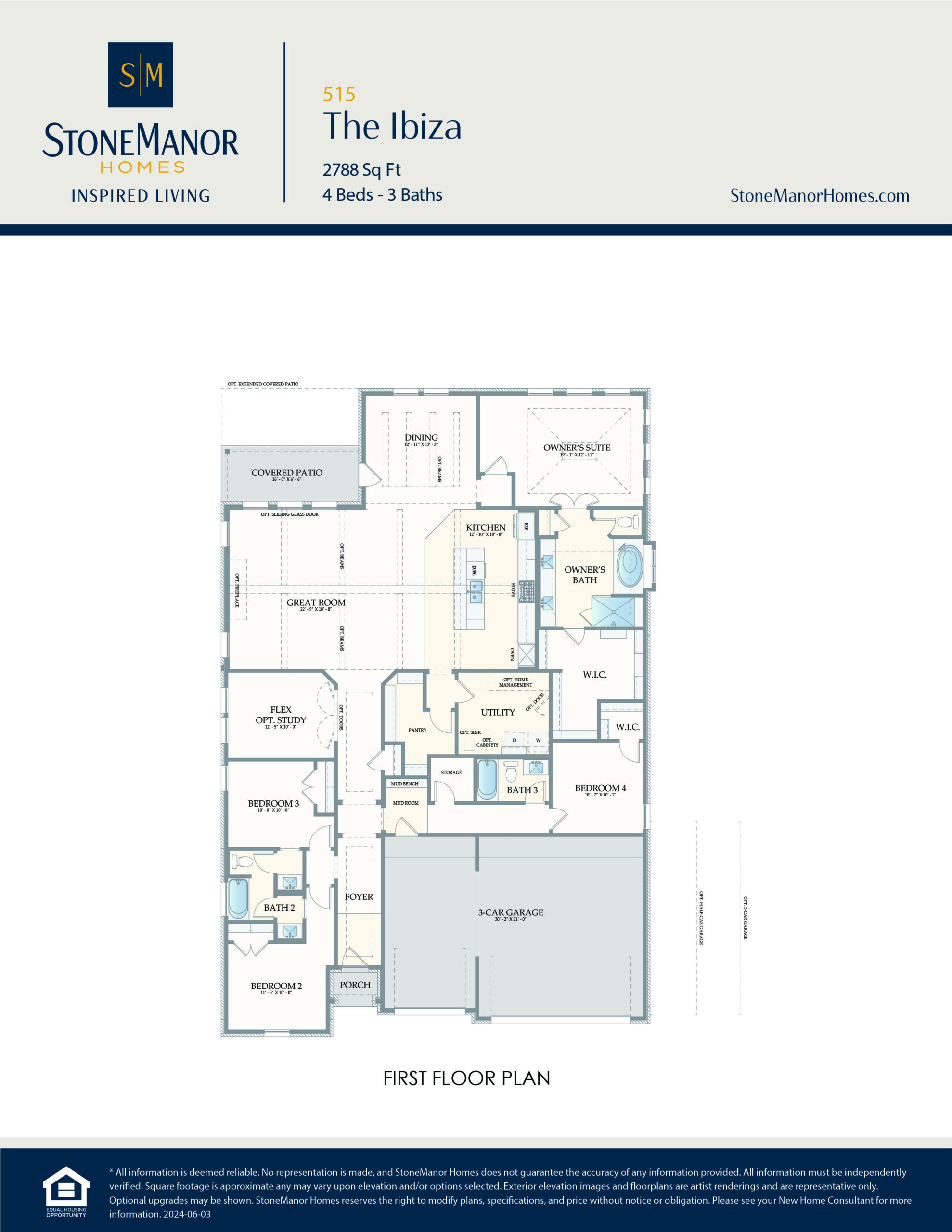 First floor plan for a home named The Ibiza by StoneManor Homes. The layout shows four bedrooms, three bathrooms, a kitchen, dining area, family room, study, patio, and garage.
