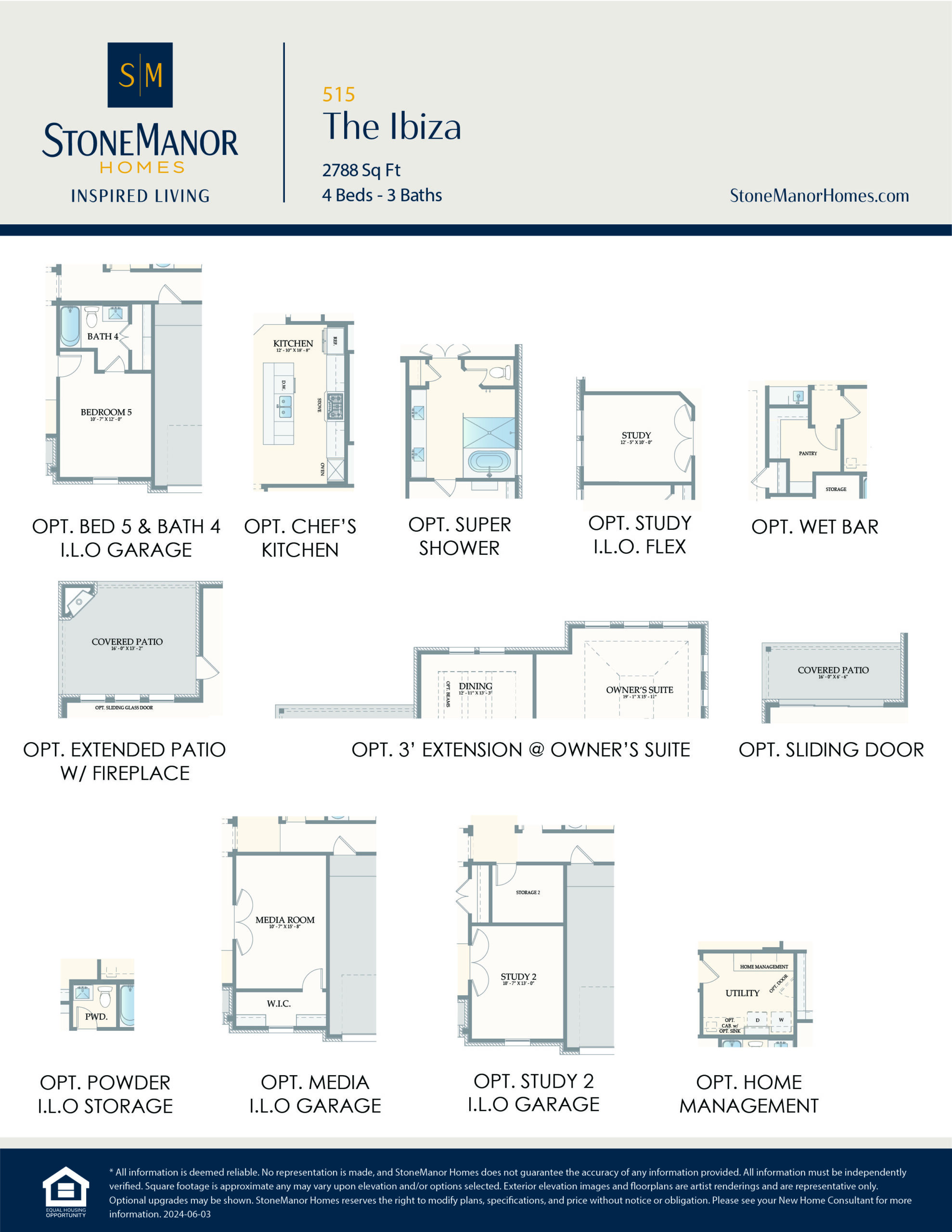 A floor plan options sheet for “The Ibiza” home model by StoneManor Homes, showing various room layout alternatives, including kitchen, baths, study, patio, powder, media room, and home management room.