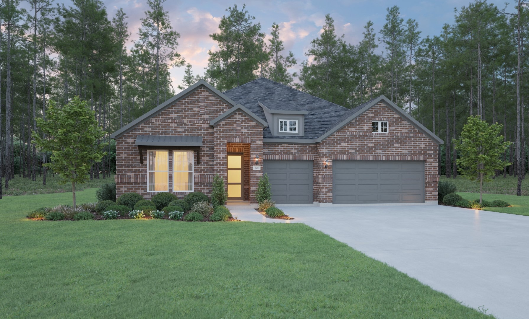 Single-story brick house with three-car garage, large windows, and a well-maintained lawn surrounded by trees. Evening light illuminates the front entrance and landscaping.