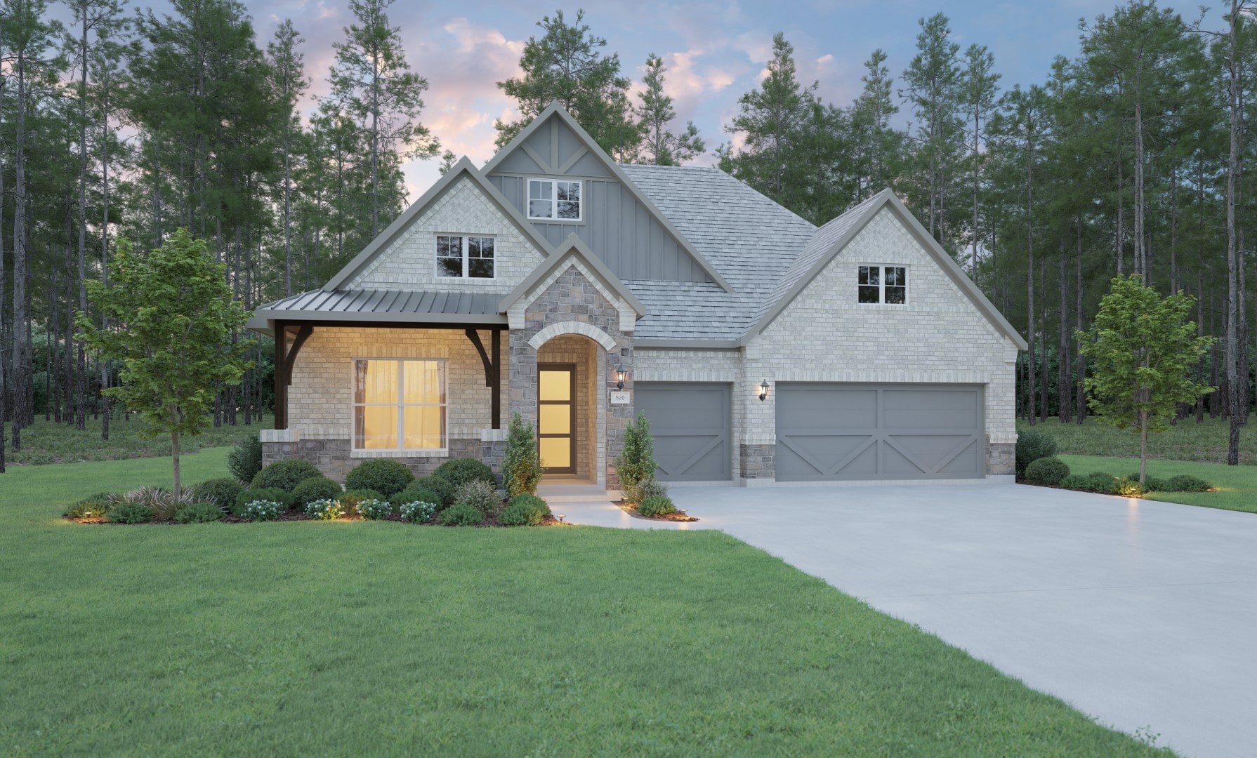 Modern two-story house with light brick exterior, front porch, three-car garage, manicured lawn, and landscaped bushes, surrounded by tall pine trees under a partly cloudy sky at dusk.