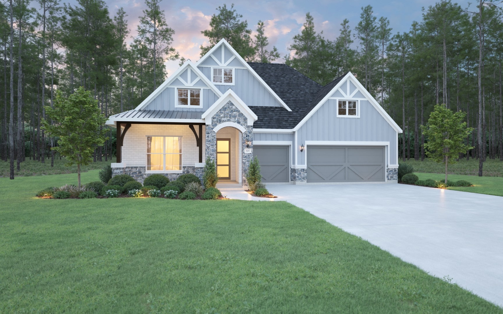 A modern gray and white house with a front porch, three gables, two-car garage, manicured lawn, landscaped shrubs, and surrounded by tall trees at dusk.