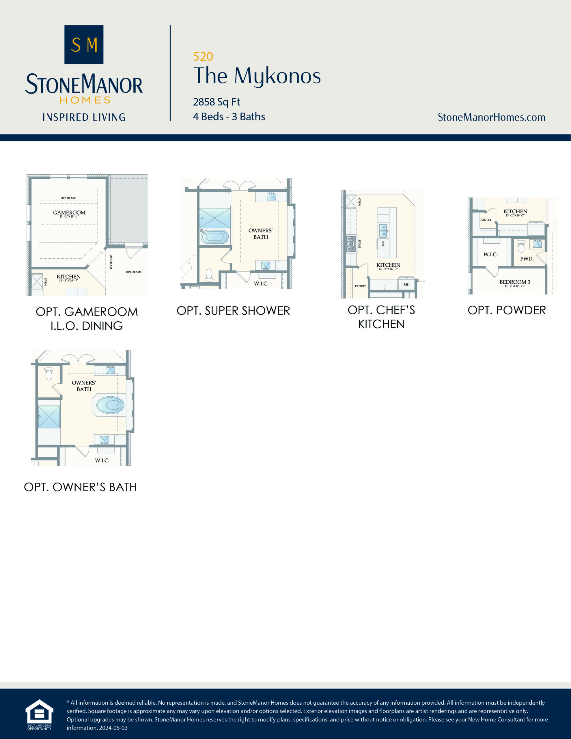 Floor plan options for The Mykonos home by StoneManor Homes, showing layouts for optional dining, super shower, chef’s kitchen, powder room, and owner’s bath. Text and logos appear at the top.