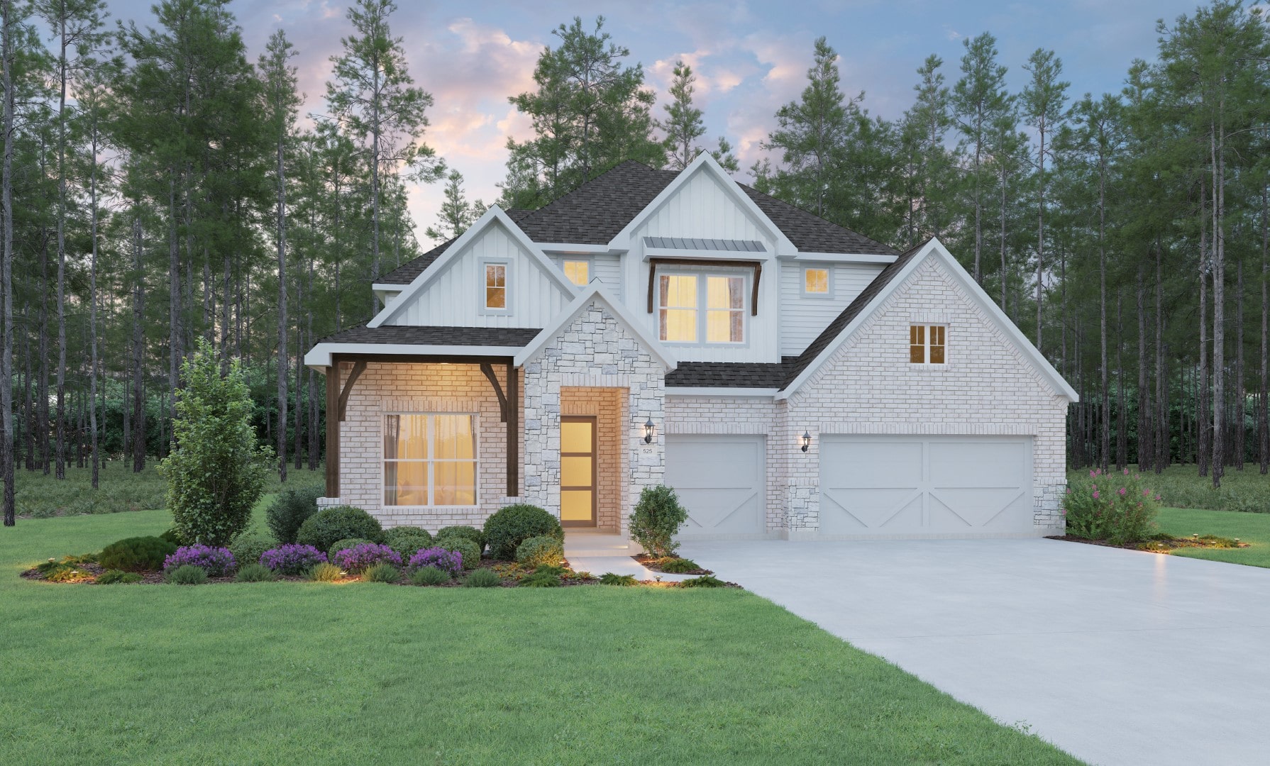 A modern two-story house with white brick and gray siding, large windows, a covered front porch, and a three-car garage, surrounded by green lawn, shrubs, and pine trees at dusk.