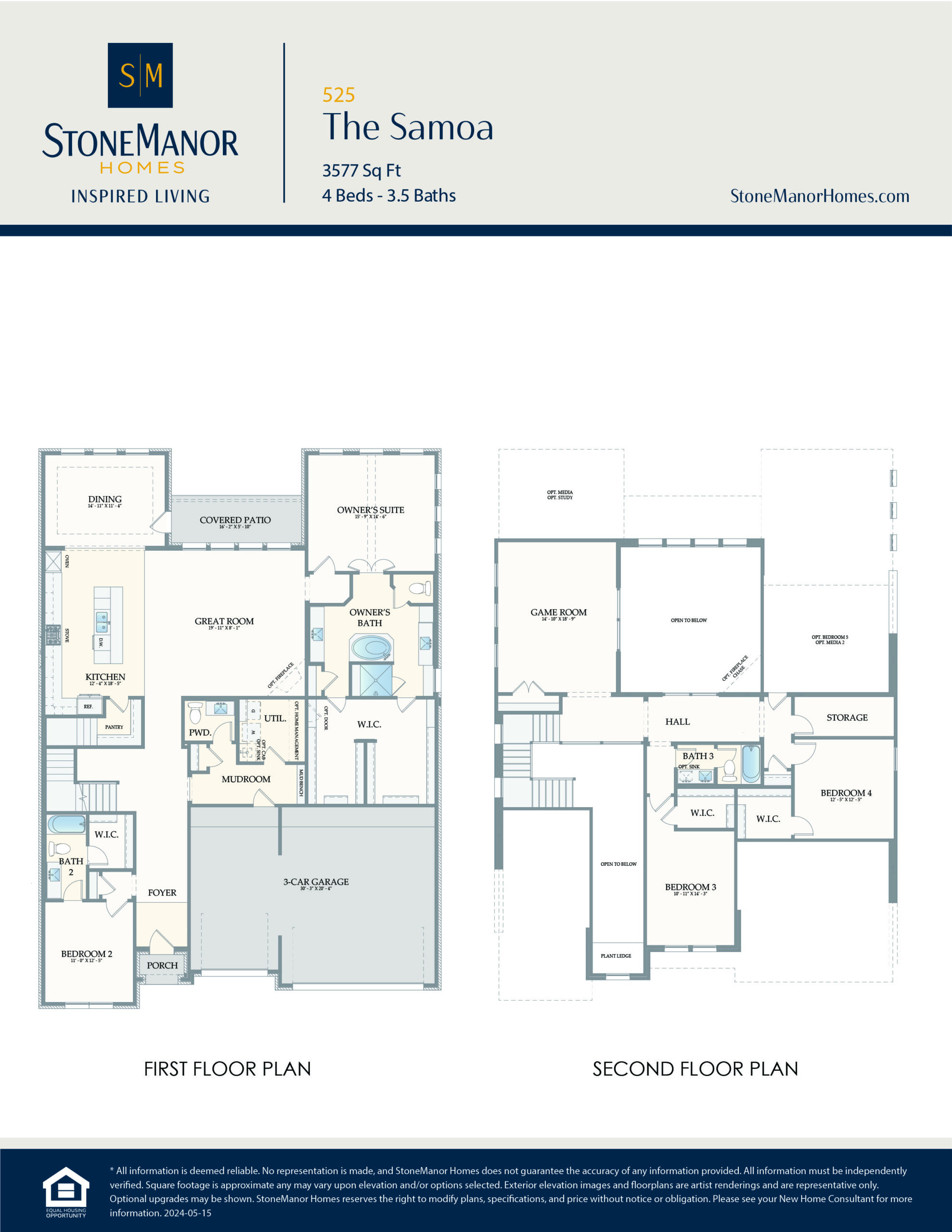 Floor plans for a two-story house called The Samoa by Stone Manor Homes, showing layouts for the first and second floors, including bedrooms, bathrooms, kitchen, garage, and living spaces.
