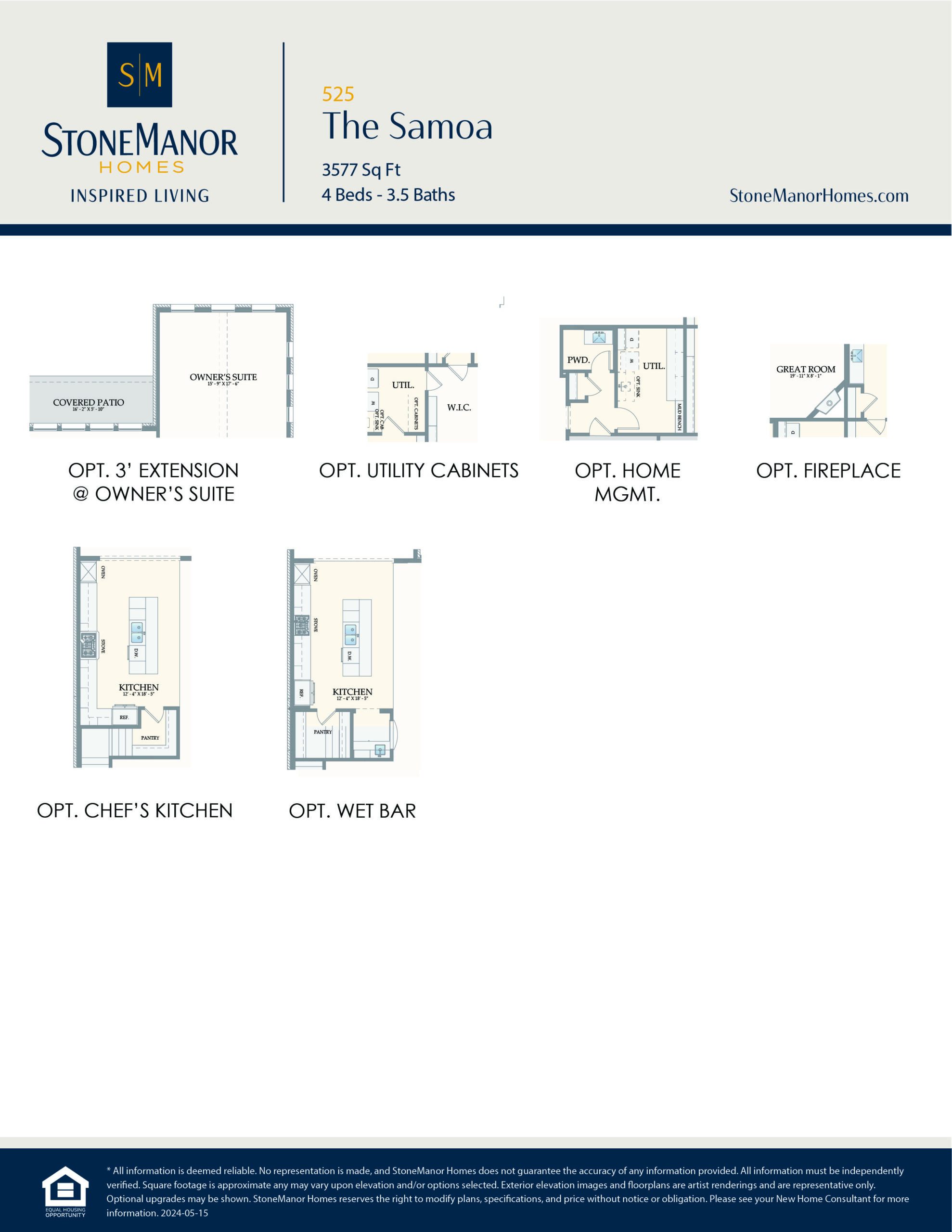 A floor plan options sheet for The Samoa by Stone Manor Homes displays possible add-ons: owners suite extension, utility cabinets, home management space, fireplace, chefs kitchen, and wet bar, with small diagrams for each.