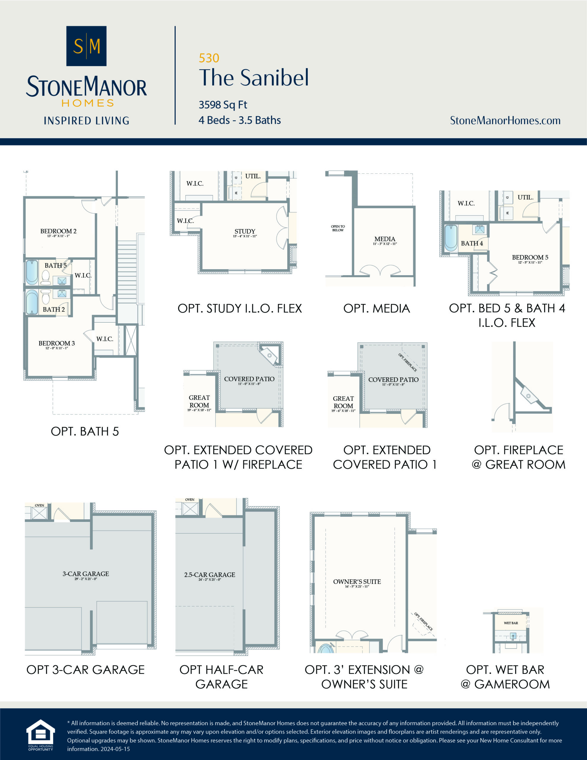 A floor plan flyer for The Sanibel home by StoneManor Homes, showing various layout options: 4 beds, 3.5 baths, 3-car garage, study, media room, fireplaces, patios, half-car garage, and wet bar.