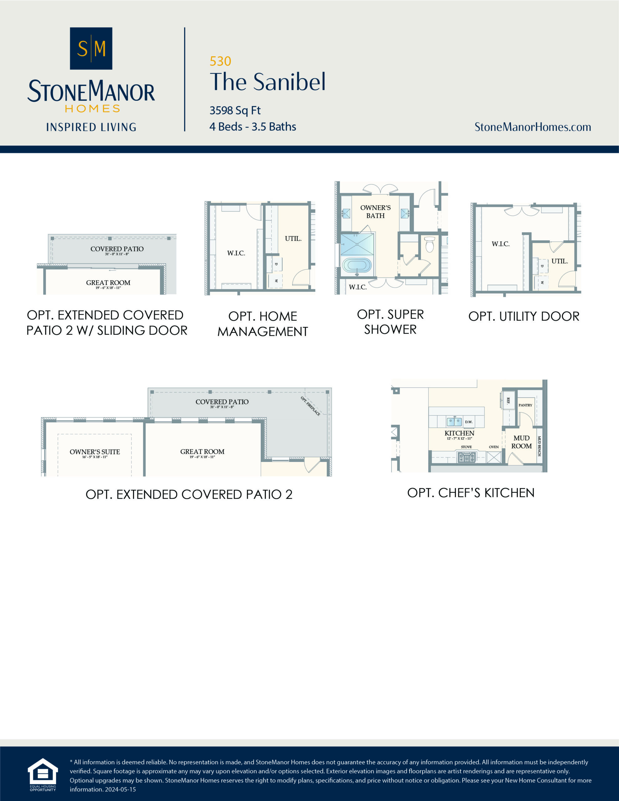 A floor plan options sheet for The Sanibel home by StoneManor Homes, showing six optional layouts including covered patios, home management, super shower, utility door, and chefs kitchen.