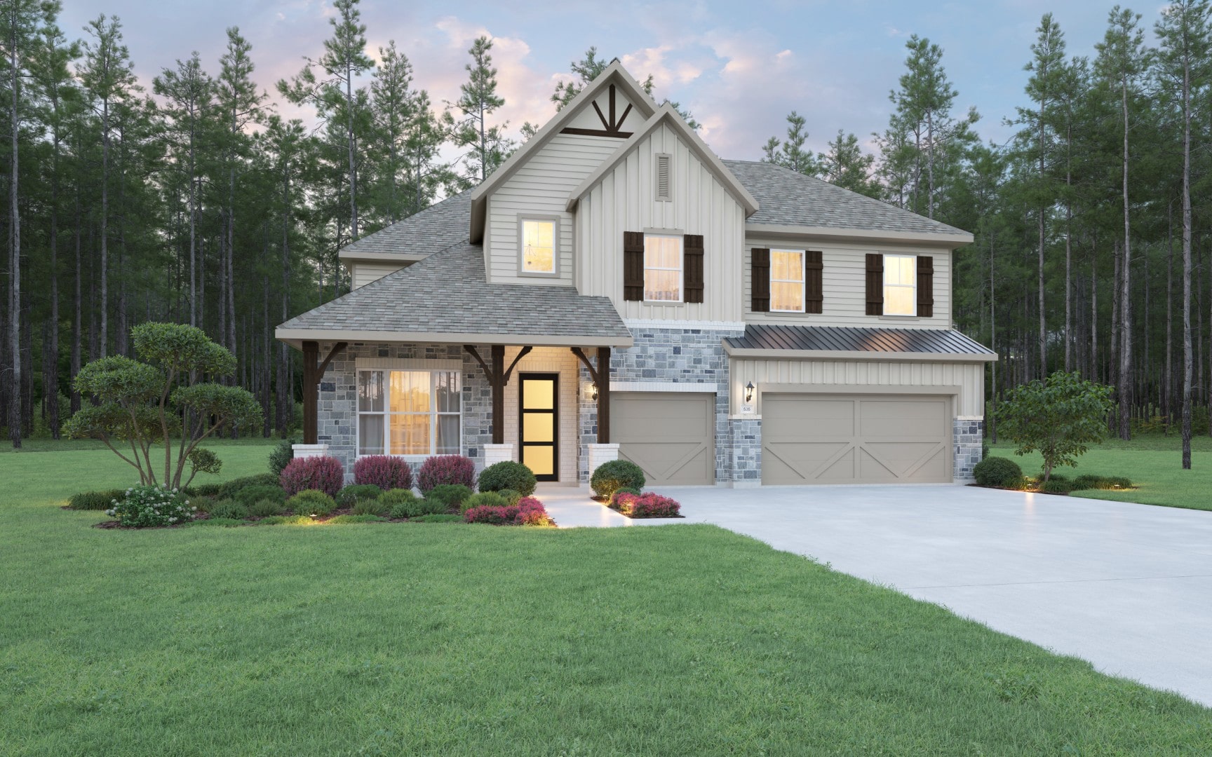 Two-story modern house with stone and siding exterior, front porch, and double garage. Well-manicured lawn and landscaping with shrubs and trees; a forested area is in the background under a partly cloudy sky.