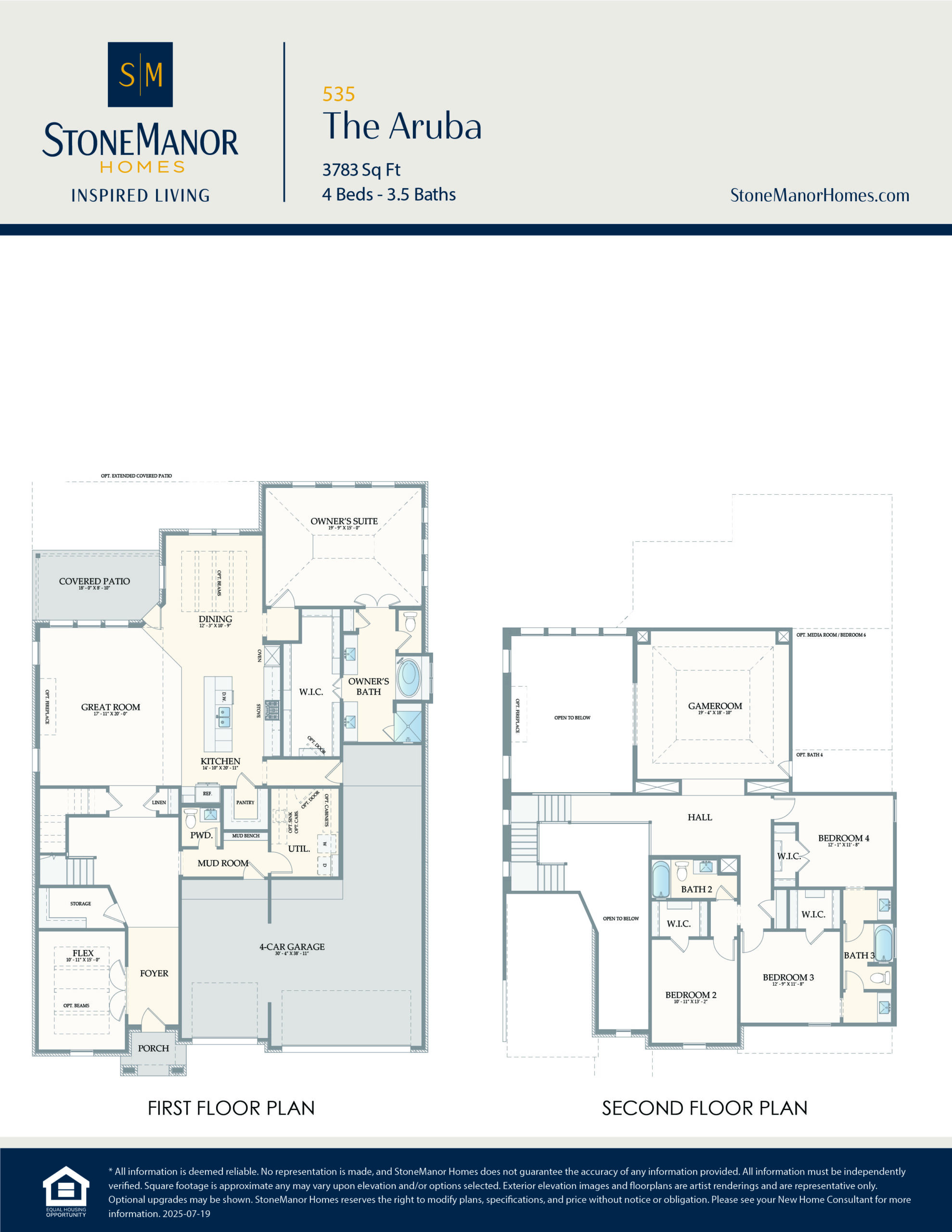Floor plans for a two-story home showing The Aruba model with 4 bedrooms, 3.5 baths, 3783 sq ft. First floor includes kitchen, living areas, primary suite; second floor has bedrooms, baths, and loft.