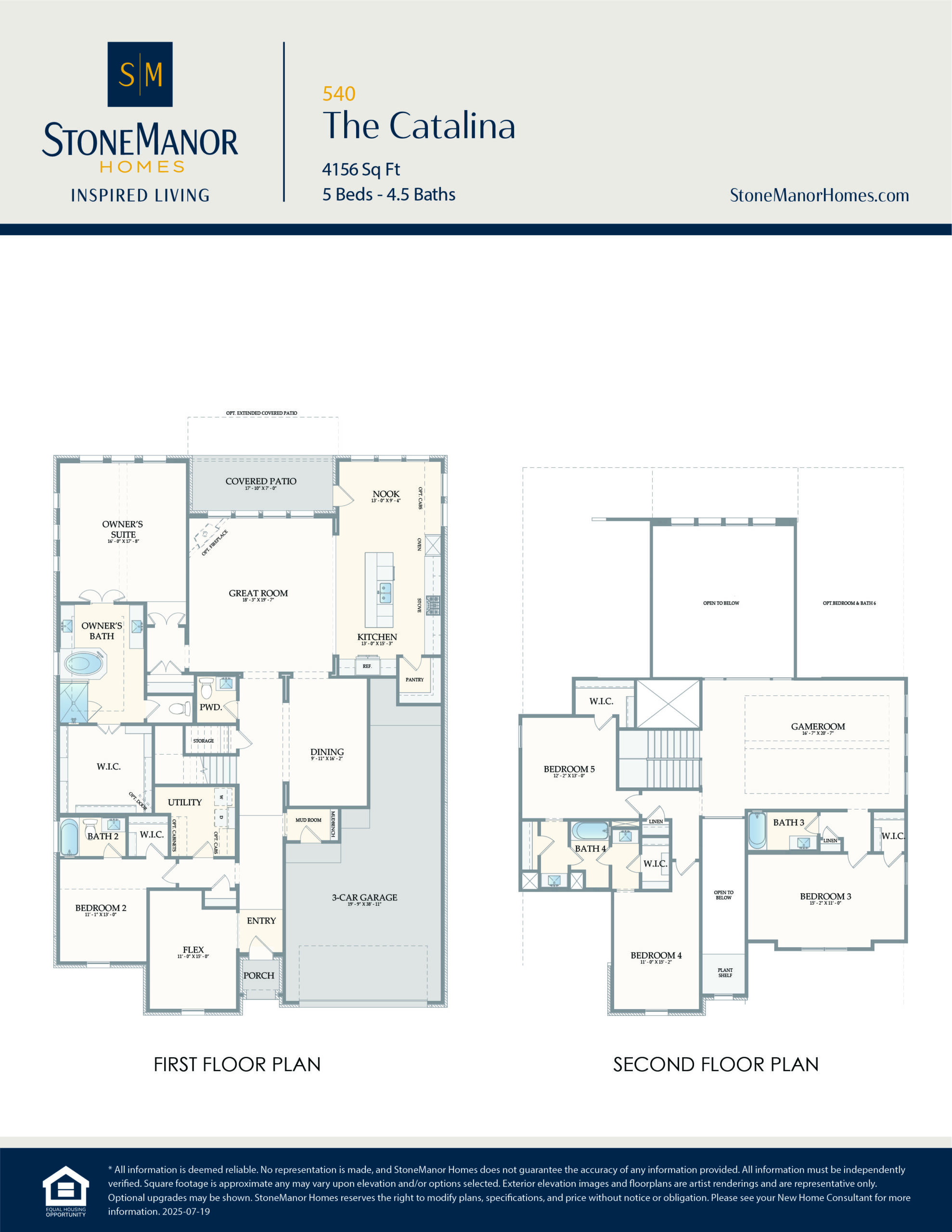 Floor plans for a two-story home labeled The Catalina by StoneManor Homes. The first floor includes a garage, kitchen, living area, master suite, and study; the second floor has bedrooms, bathrooms, and a game room.