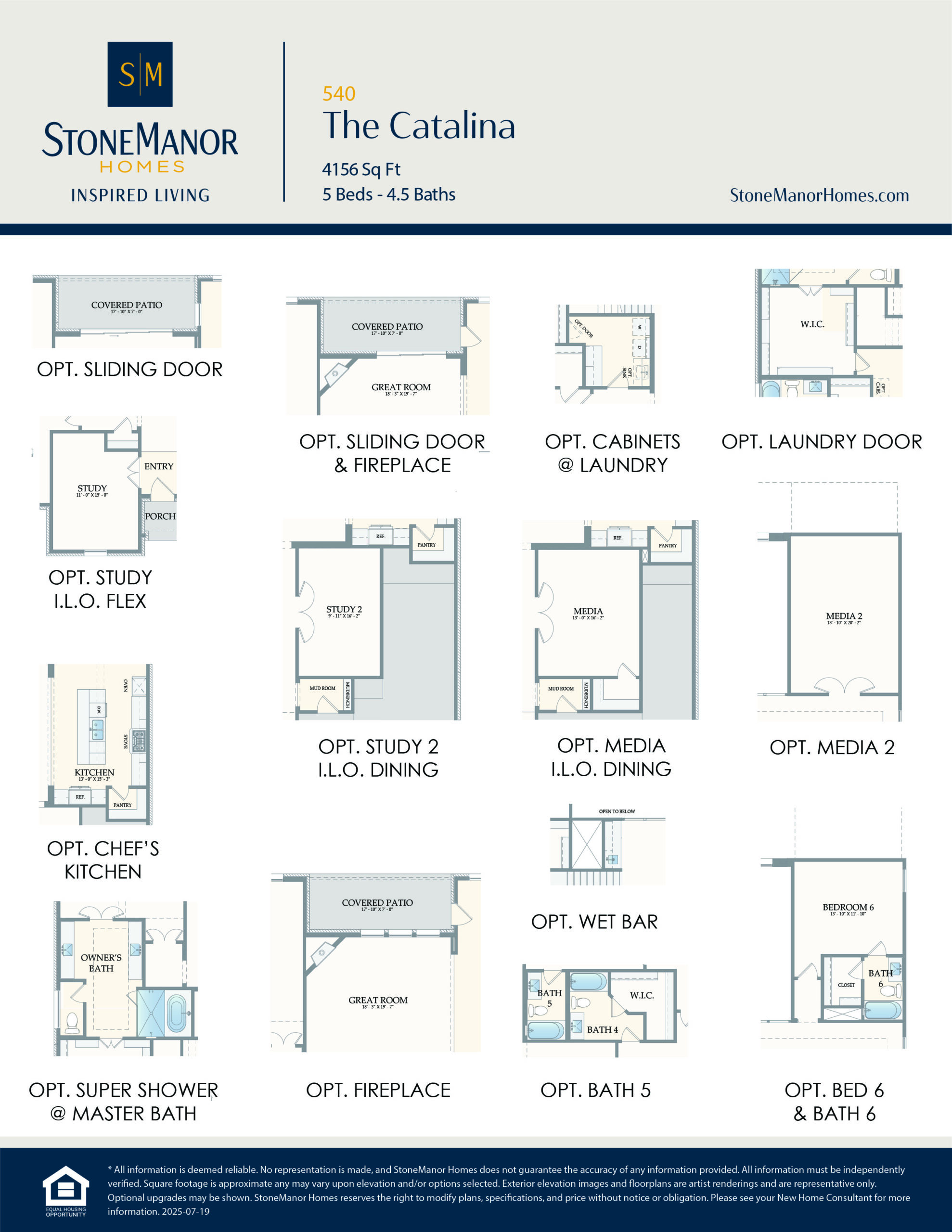 A layout sheet for The Catalina home by StoneManor, showing 12 optional floor plans, including sliding doors, fireplace, study, media room, chef’s kitchen, super shower, laundry options, and extra baths.
