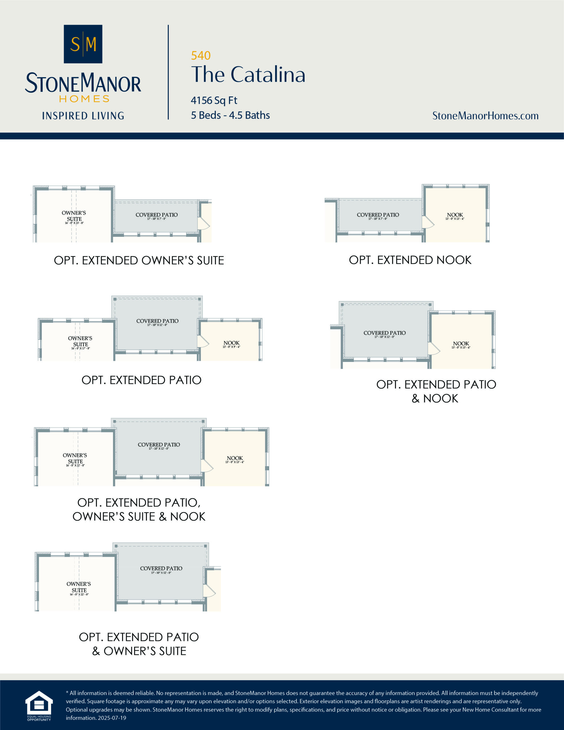 A floor plan options sheet for The Catalina home design, showing layout variations for extended owners suite, nook, patio, and combinations of these areas. The document features StoneManor Homes branding.