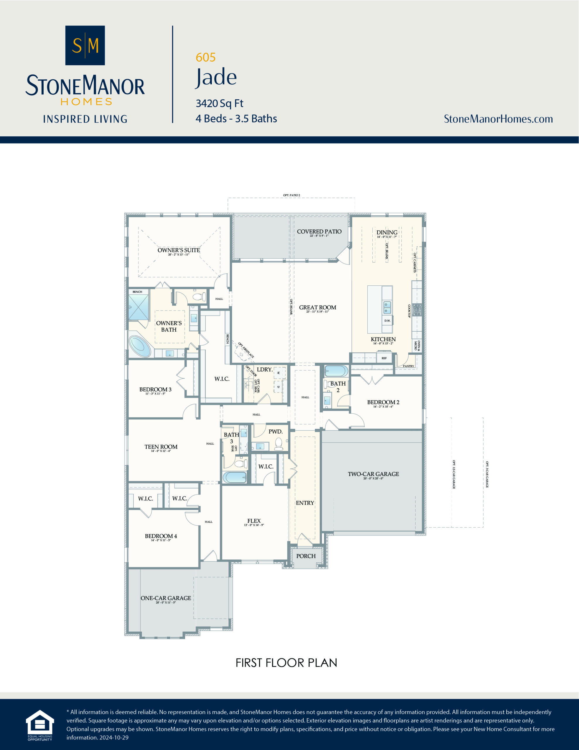 First floor plan for Stone Manor Homes Jade model, showing 4 bedrooms, 3.5 baths, kitchen, dining, family room, study, and two-car garage. Includes room labels and square footage details.