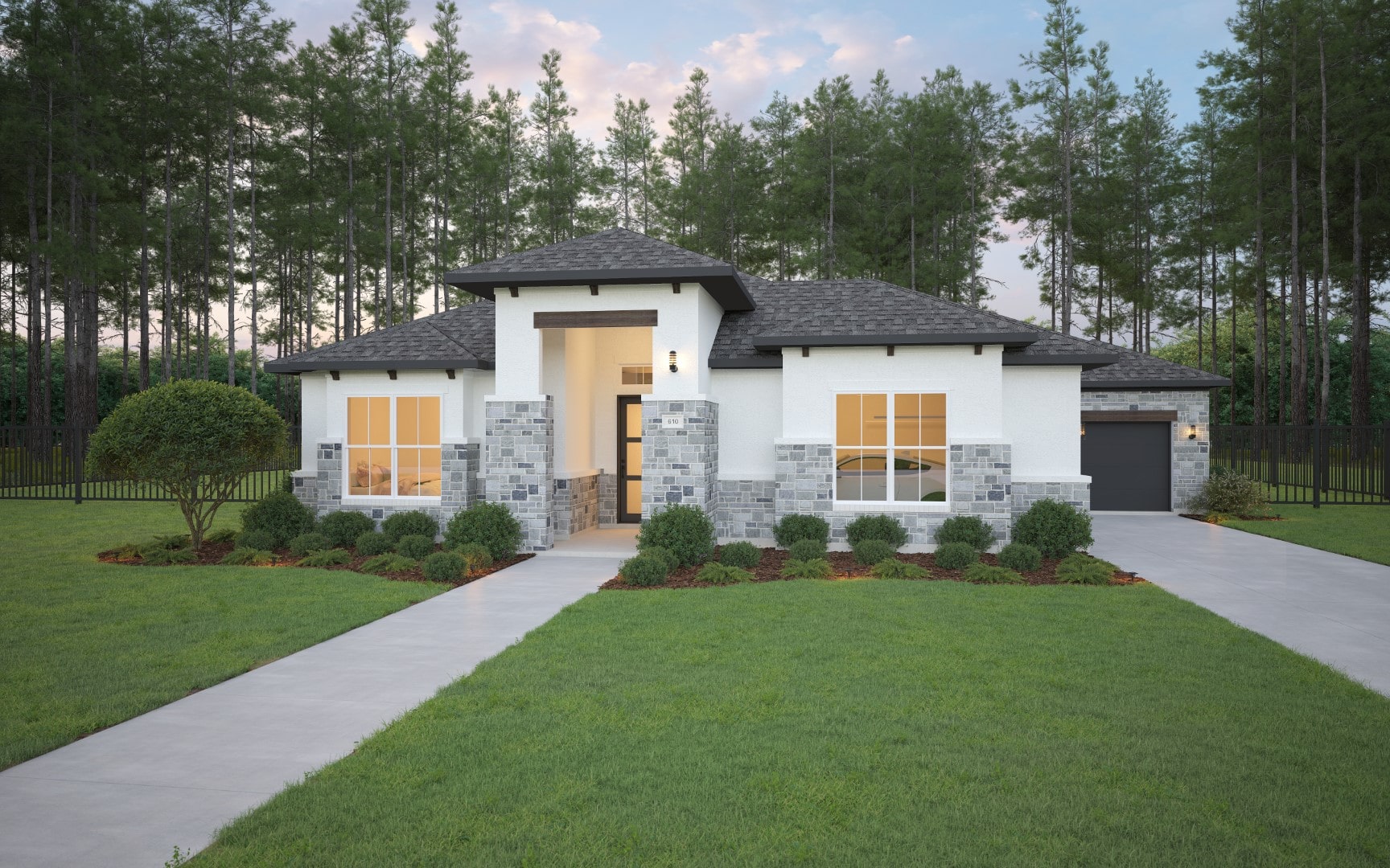 A house with a driveway and trees.
