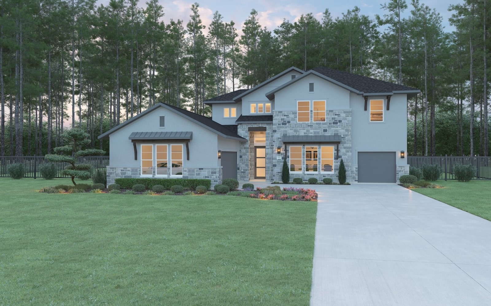 Modern two-story house with large windows, stone and stucco exterior, attached garage, neat landscaping, and a spacious green lawn, surrounded by tall pine trees under a partly cloudy sky at dusk.