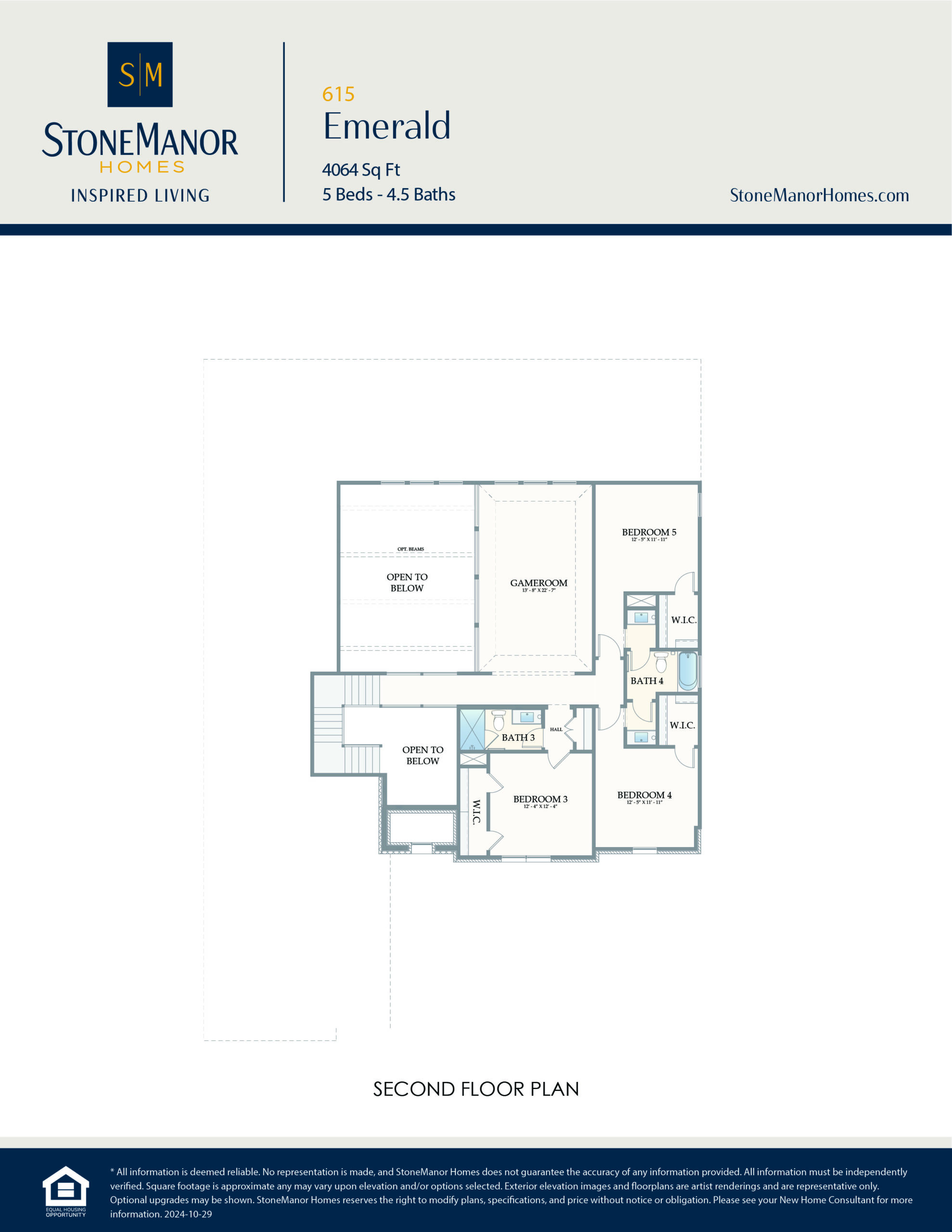Second floor plan layout for a house, showing five bedrooms, a game room, multiple bathrooms, closets, and an open-to-below area. Stone Manor Homes logo and details are at the top.
