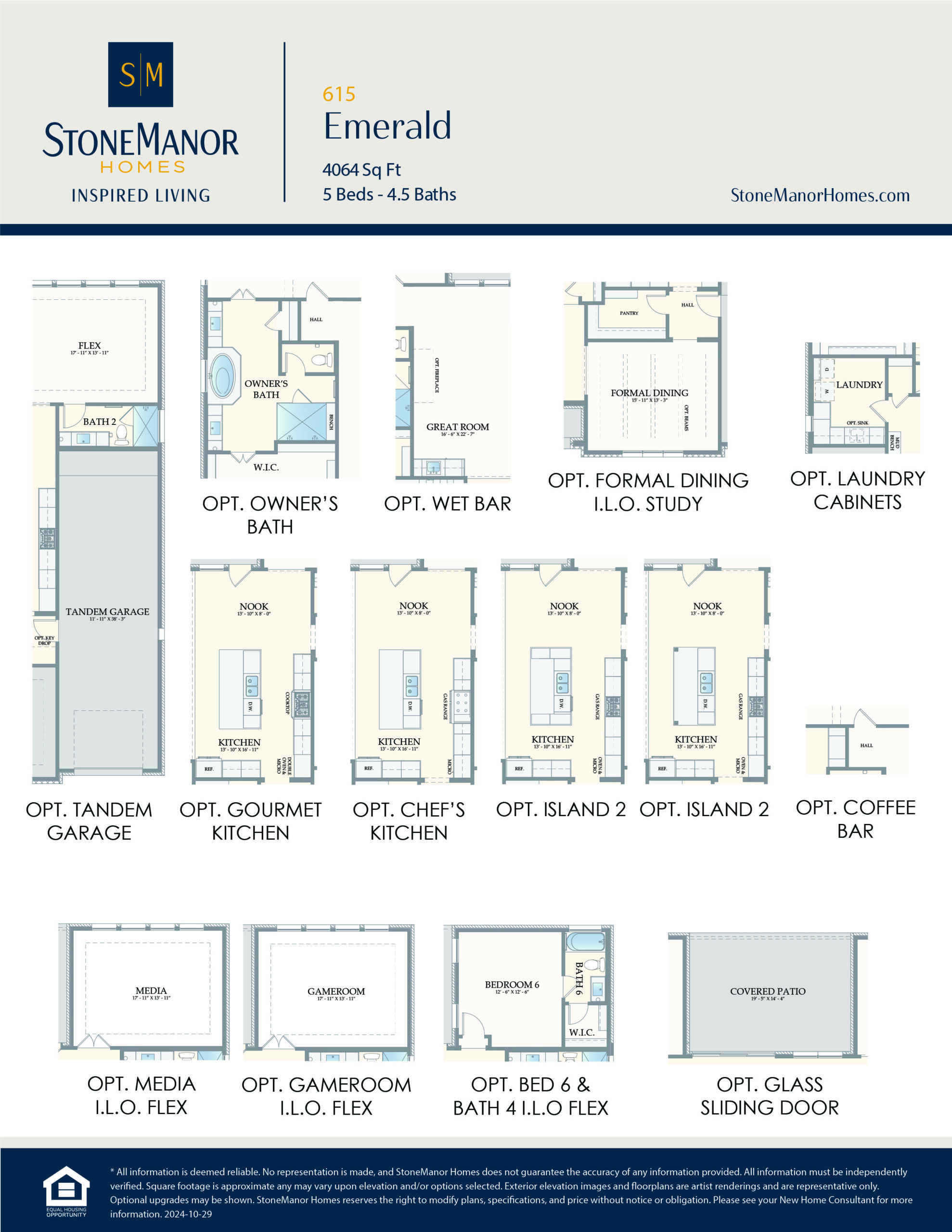 A floor plan for StoneManor Homes’ Emerald model, showing optional features like a tandem garage, gourmet and chefs kitchens, wet bar, formal dining, laundry cabinets, island variations, coffee bar, media and game rooms, and glass sliding door.