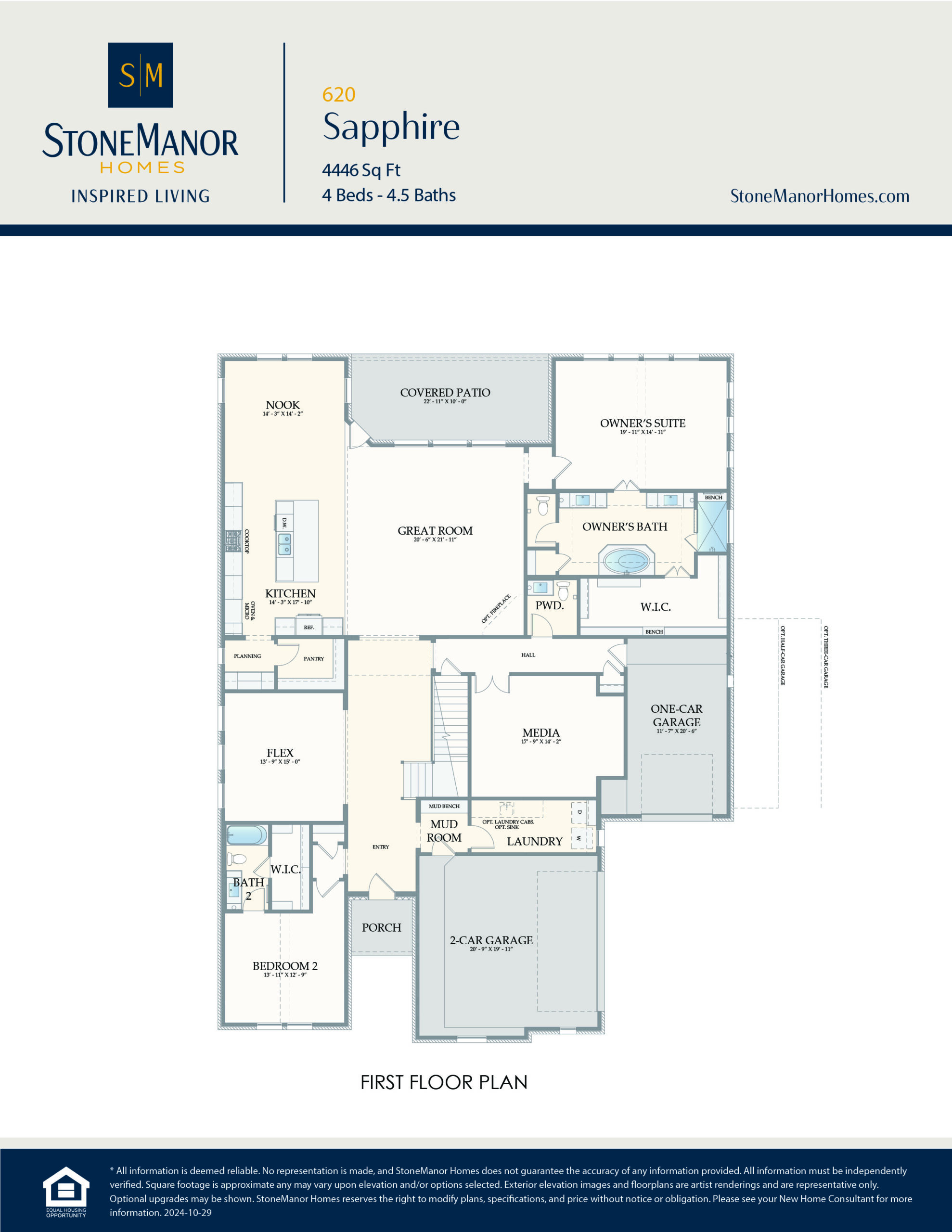 First floor plan for a 4-bedroom, 4.5-bath home featuring a great room, kitchen, dining, media room, study, laundry, covered patio, two-car garage, one-car garage, and multiple closets and bathrooms.