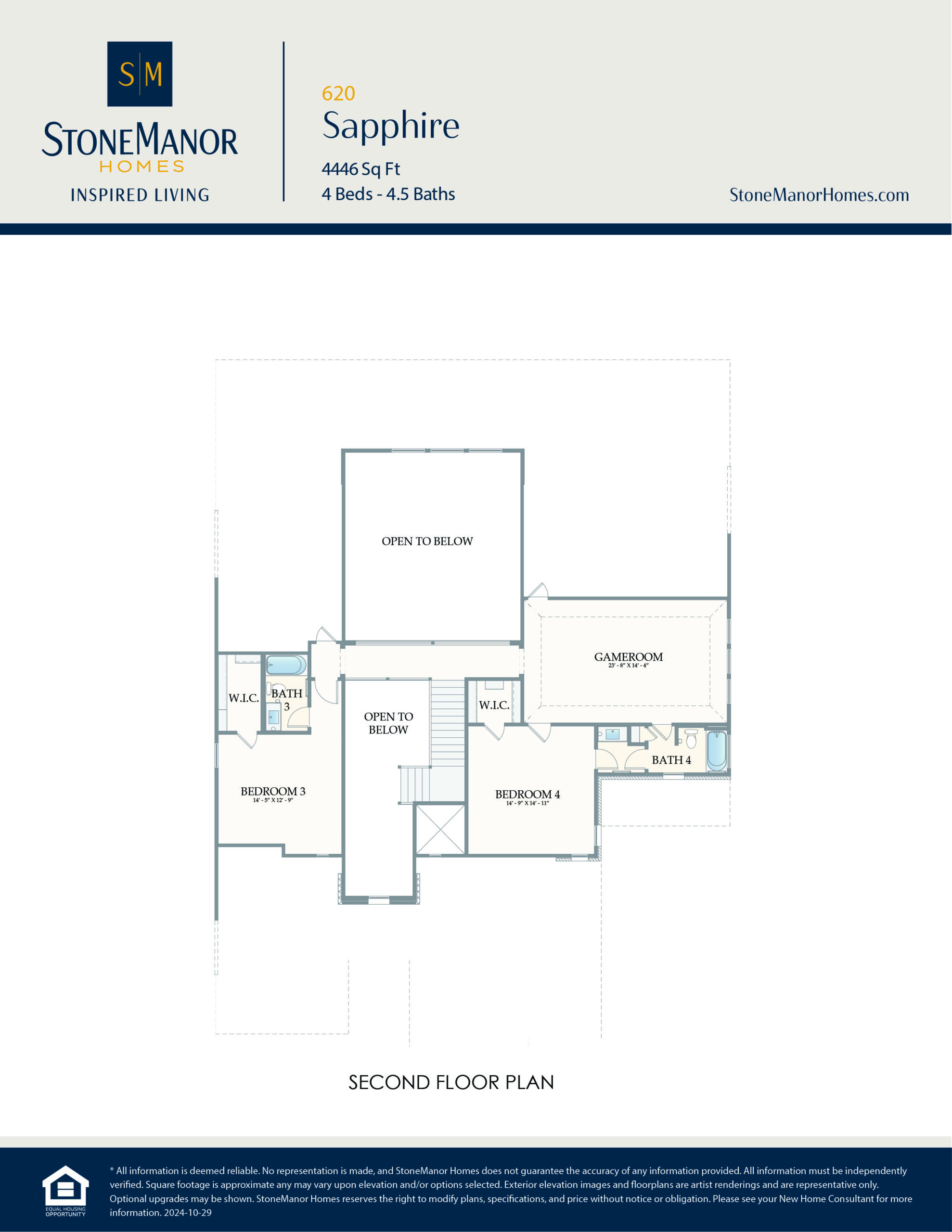 Second floor plan of a house showing two bedrooms, two bathrooms, two walk-in closets, a game room, and open areas to below. The layout is labeled with room names and measurements.