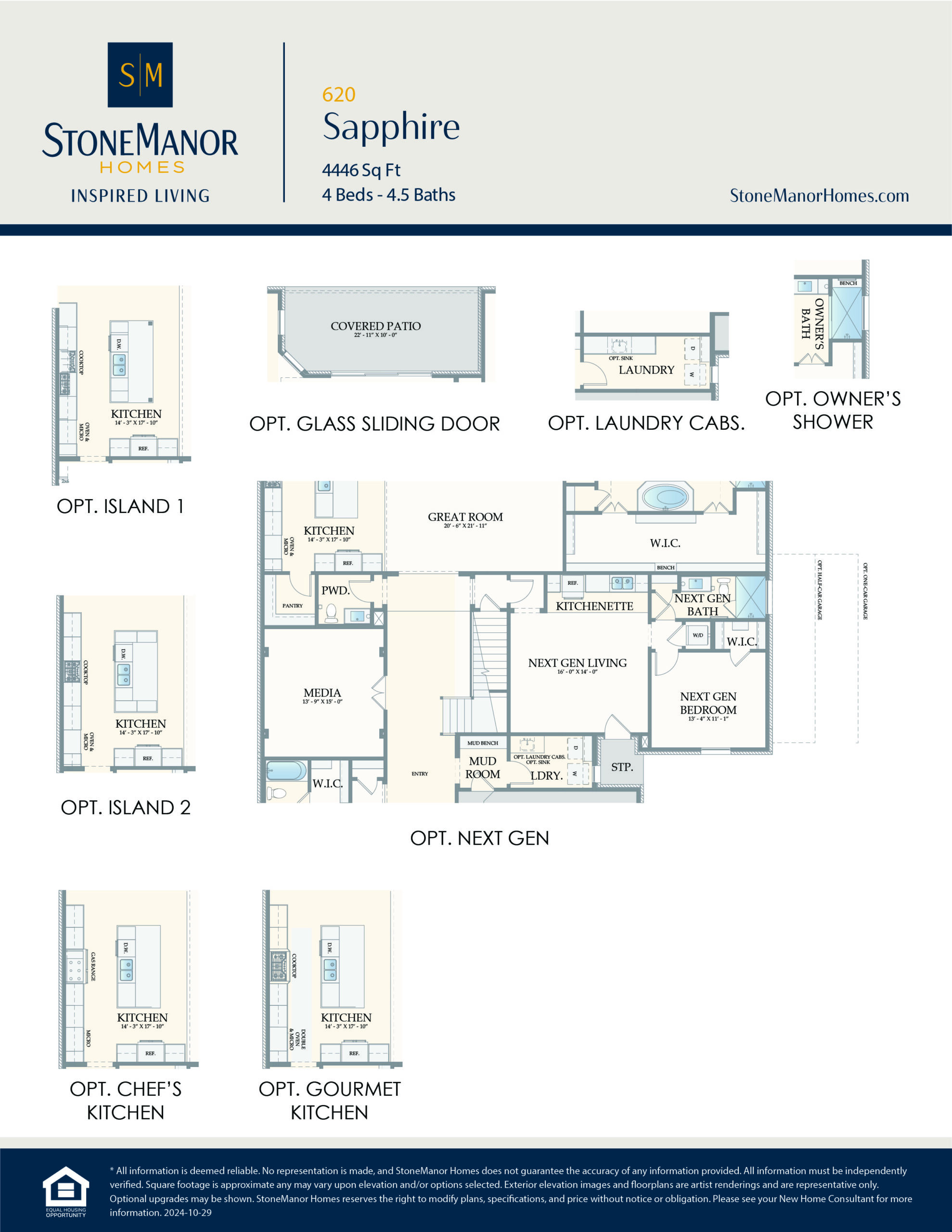 Floor plan for StoneManor Homes’ Sapphire model, 4,446 sq ft, 4 beds, 4.5 baths, with options for islands, owner’s shower, laundry cabinets, chef’s and gourmet kitchens, and a next-gen suite.