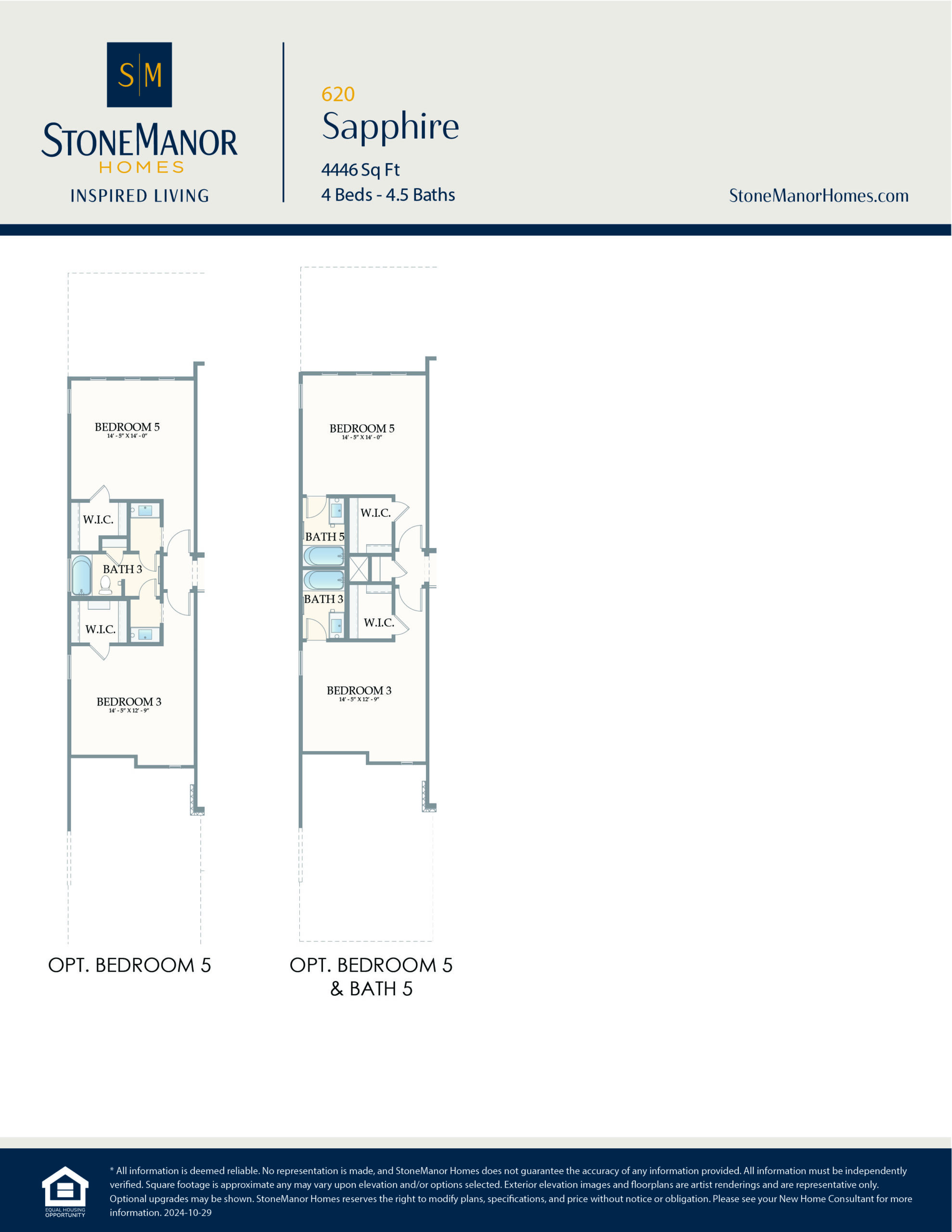 Floor plan options for StoneManor Homes Sapphire model. Both options show layouts for a fifth bedroom; one includes a fifth bathroom. Each plan details the locations of bedrooms, bathrooms, and walk-in closets.