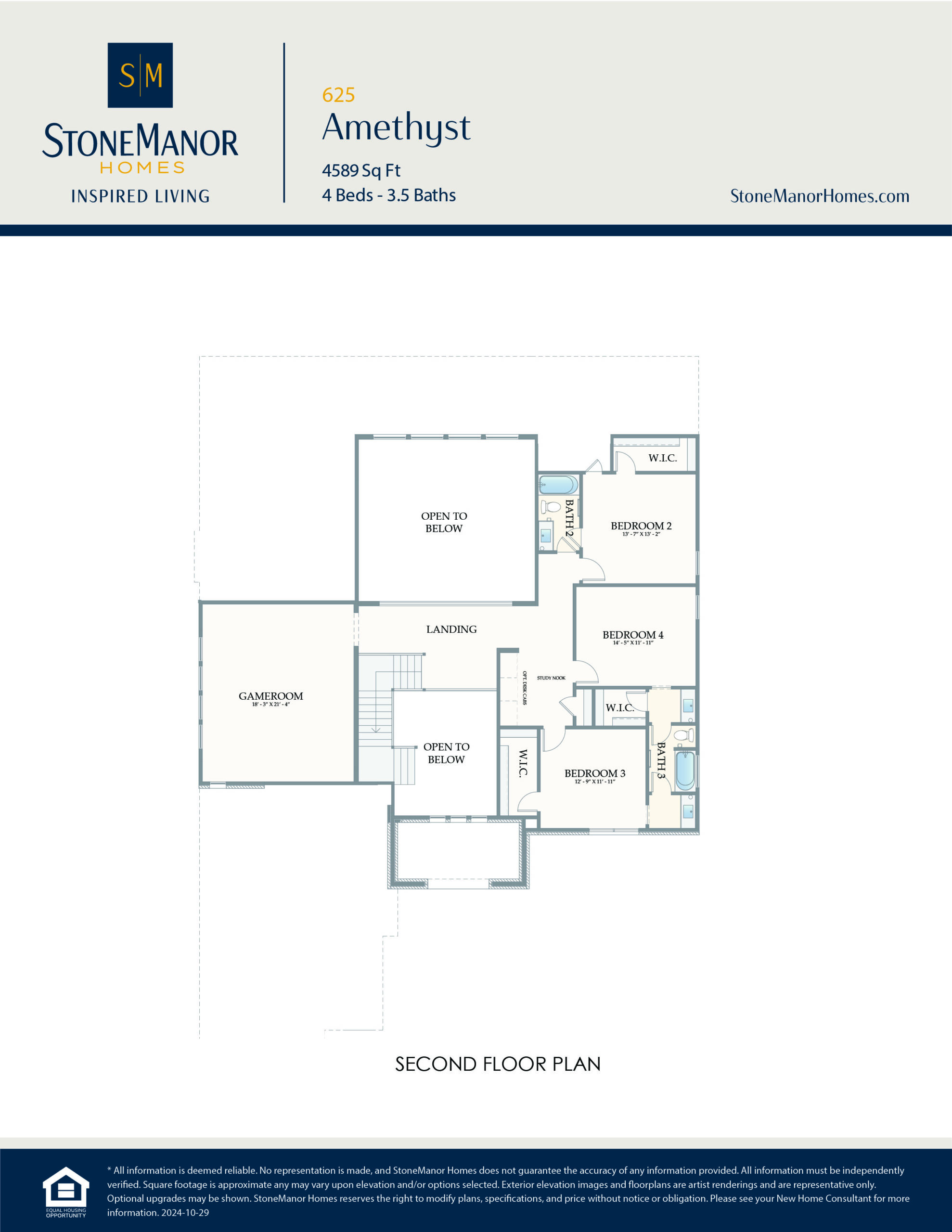 Second floor plan of a house labeled Amethyst, showing four bedrooms, walk-in closets, bathrooms, a game room, and open areas to the floor below. Plan includes room labels and dimensions. StoneManor Homes branding appears at the top.