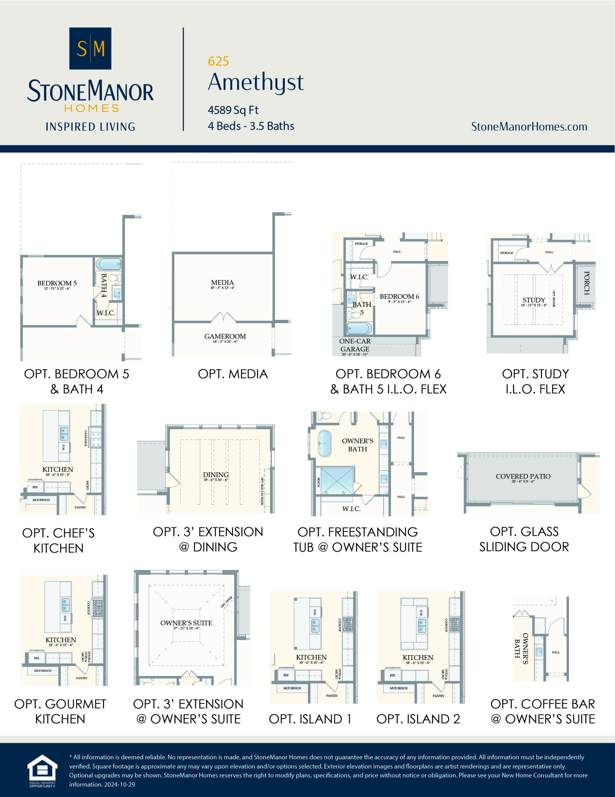 A grid of architectural floor plan options for a house, showing layouts for optional bedrooms, media room, study, kitchens, dining extension, freestanding tub, glass door, and coffee bar. StoneManor Homes branding is at the top.