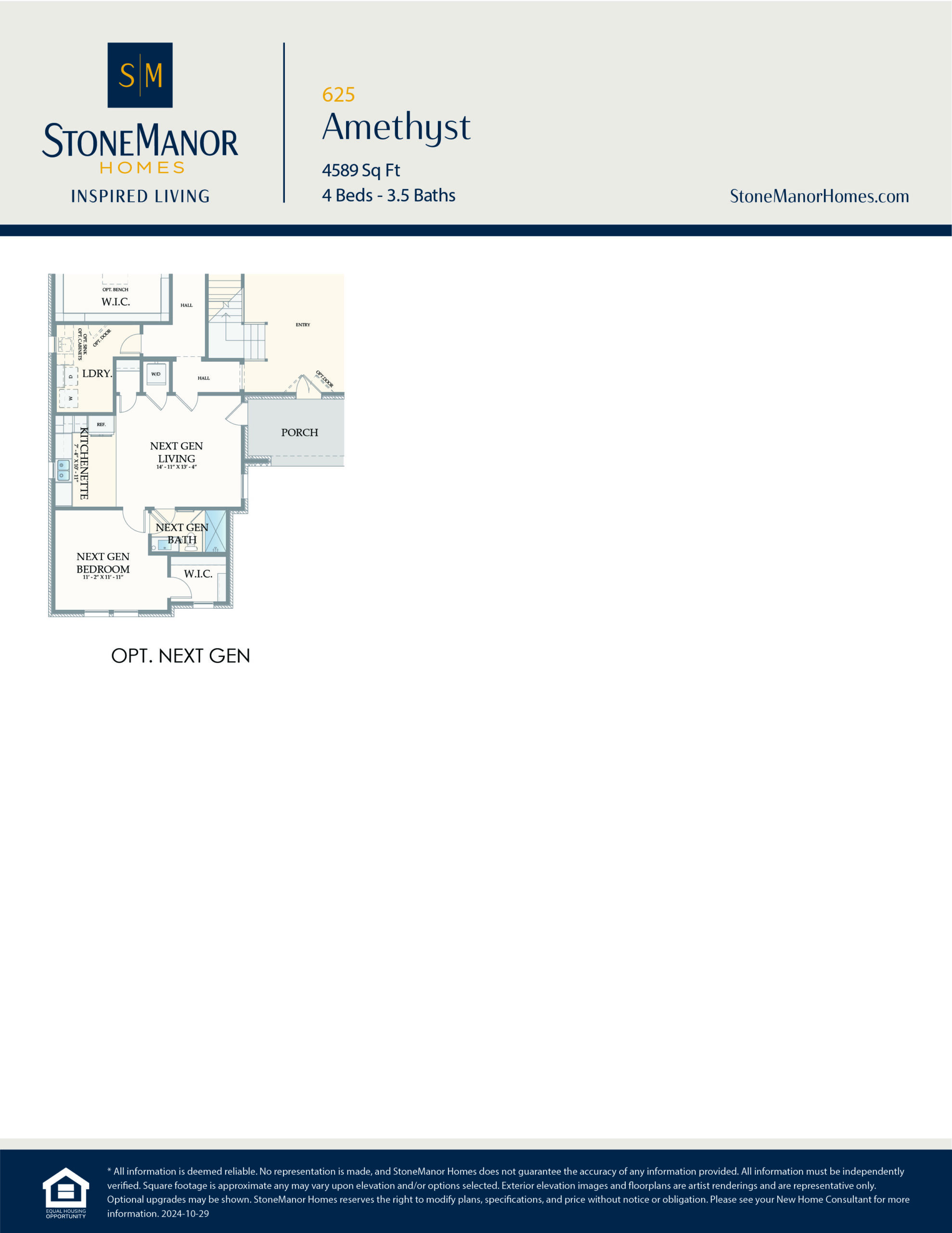 Floor plan of a house labeled “OPT. NEXT GEN,” showing a private suite with a bedroom, living area, bathroom, walk-in closet, and kitchenette, with a porch and entry, designed by StoneManor Homes.