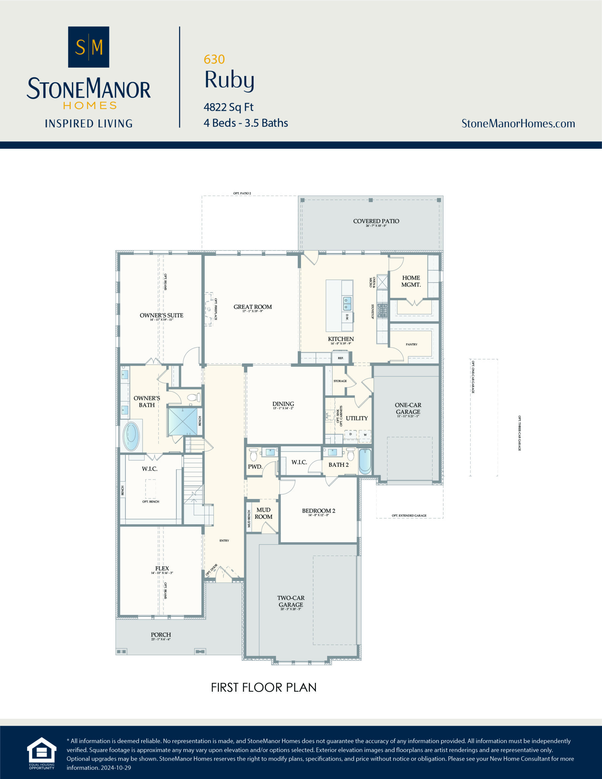 First floor plan for a 4-bedroom, 3.5-bath StoneManor Homes house, showing labeled rooms, garage, covered patio, kitchen, utility, study, and open living areas. Home is 4,823 sq ft, model named Ruby.