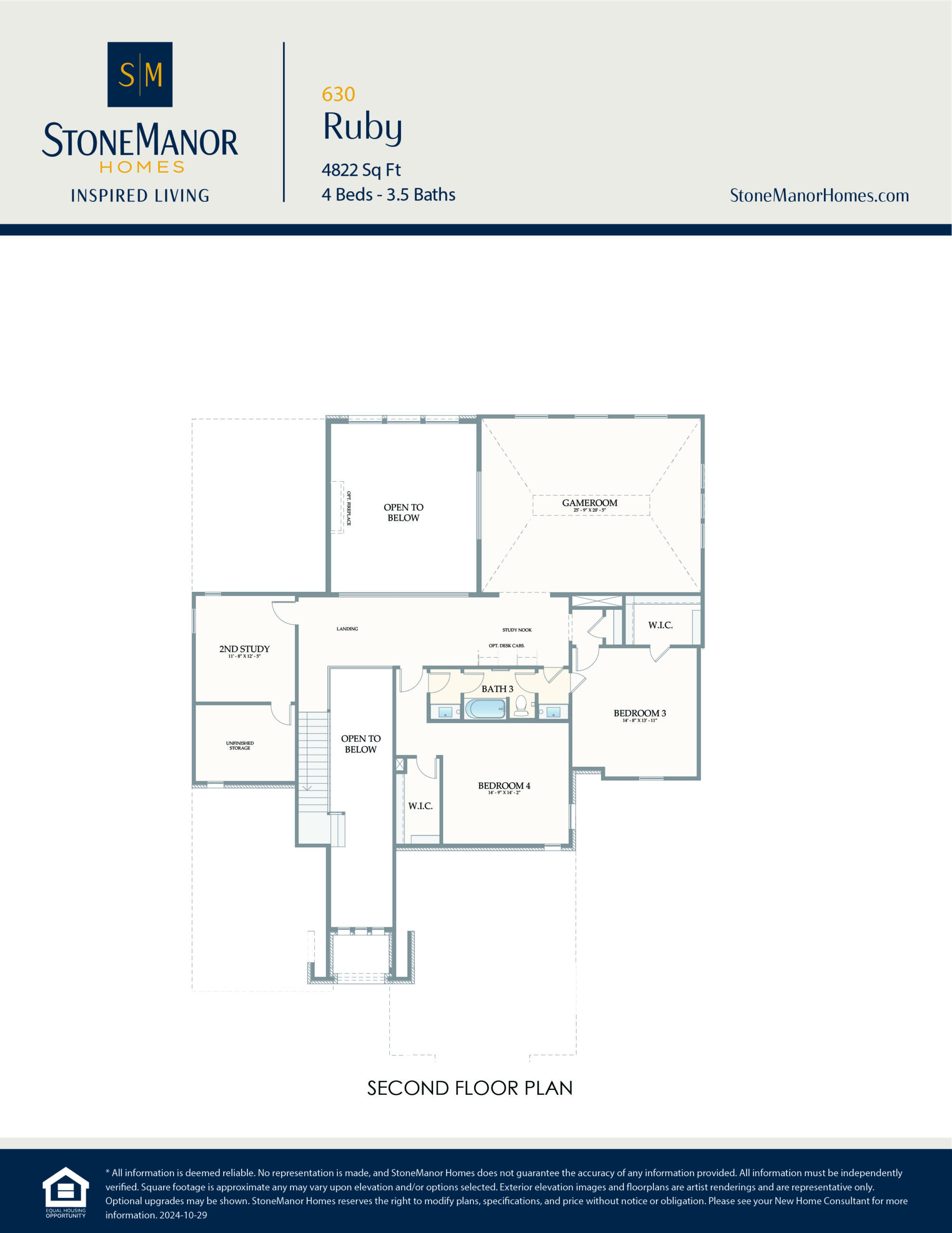 Second floor plan for a house labeled “Ruby” by StoneManor Homes, showing four bedrooms, bathrooms, walk-in closets, and open spaces, with rooms and features clearly outlined and labeled.
