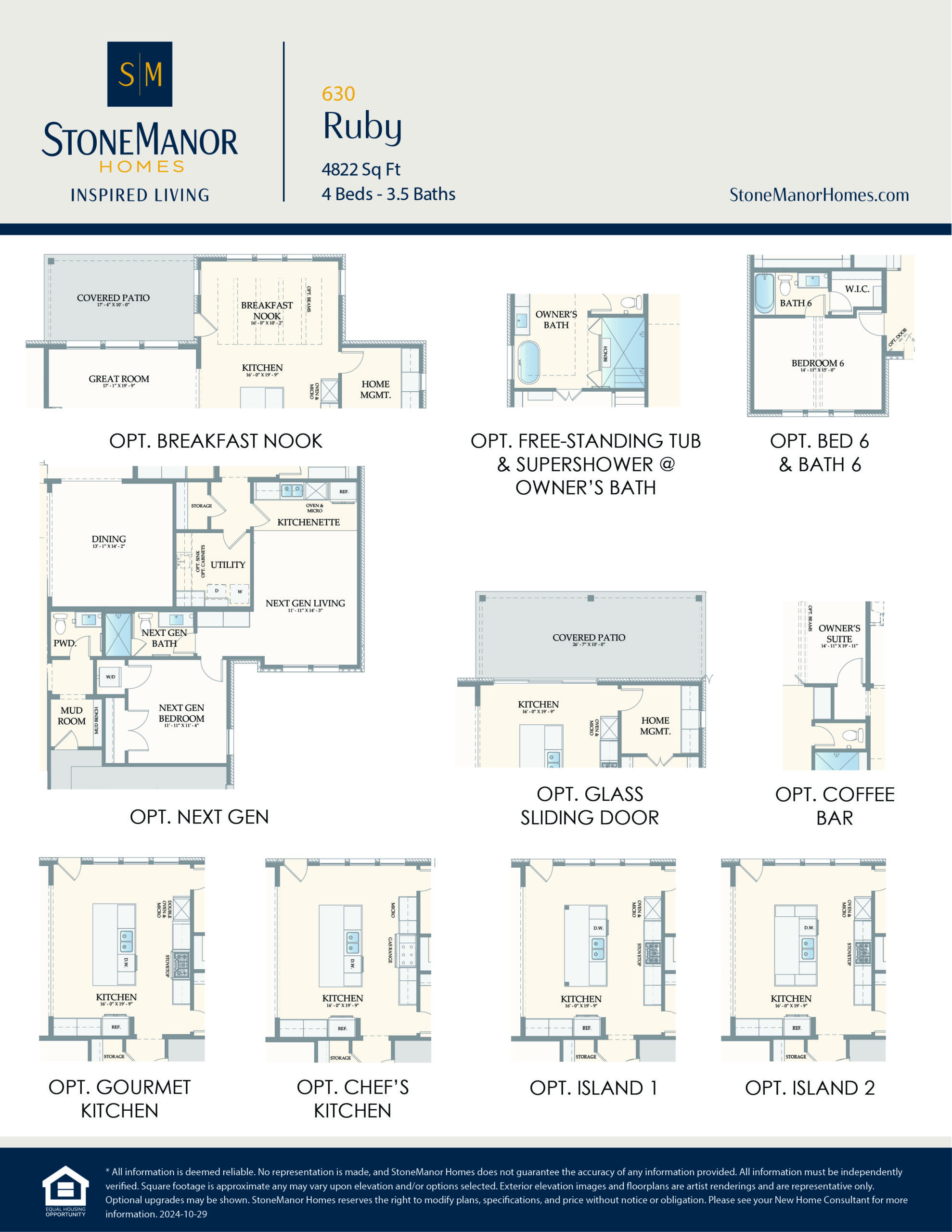 A floor plan options sheet for the StoneManor Homes Ruby model, showing various optional layouts including extra bedrooms, kitchen layouts, a coffee bar, sliding door, and bath upgrades in labeled diagrams.