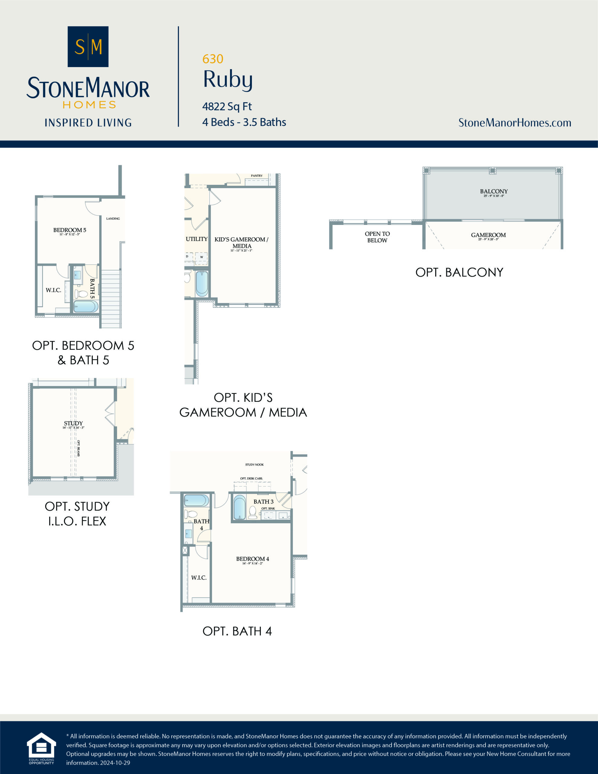 Floor plan options for the Ruby home by StoneManor Homes, showing layouts for a study, kids gameroom/media, extra bedroom and bath, additional bathroom, and optional balcony.