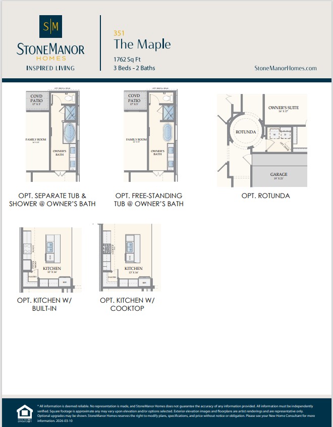 Floor plan options for The Maple, a 3-bed, 2-bath, 1,762 sq ft home by Stone Manor Homes. Options shown: separate tub & shower, free-standing tub, rotunda, kitchen with built-in, and kitchen with cooktop configurations.