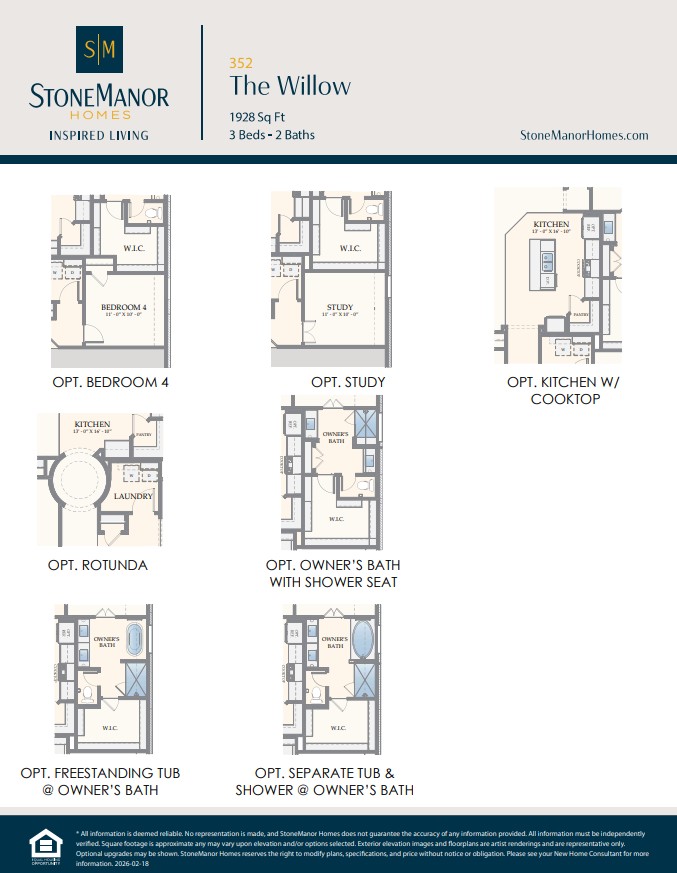 A layout sheet showing optional floor plan upgrades for The Willow home, including options for a fourth bedroom, study, kitchen with cooktop, rotunda, bath with shower seat, freestanding tub, and separate tub and shower.