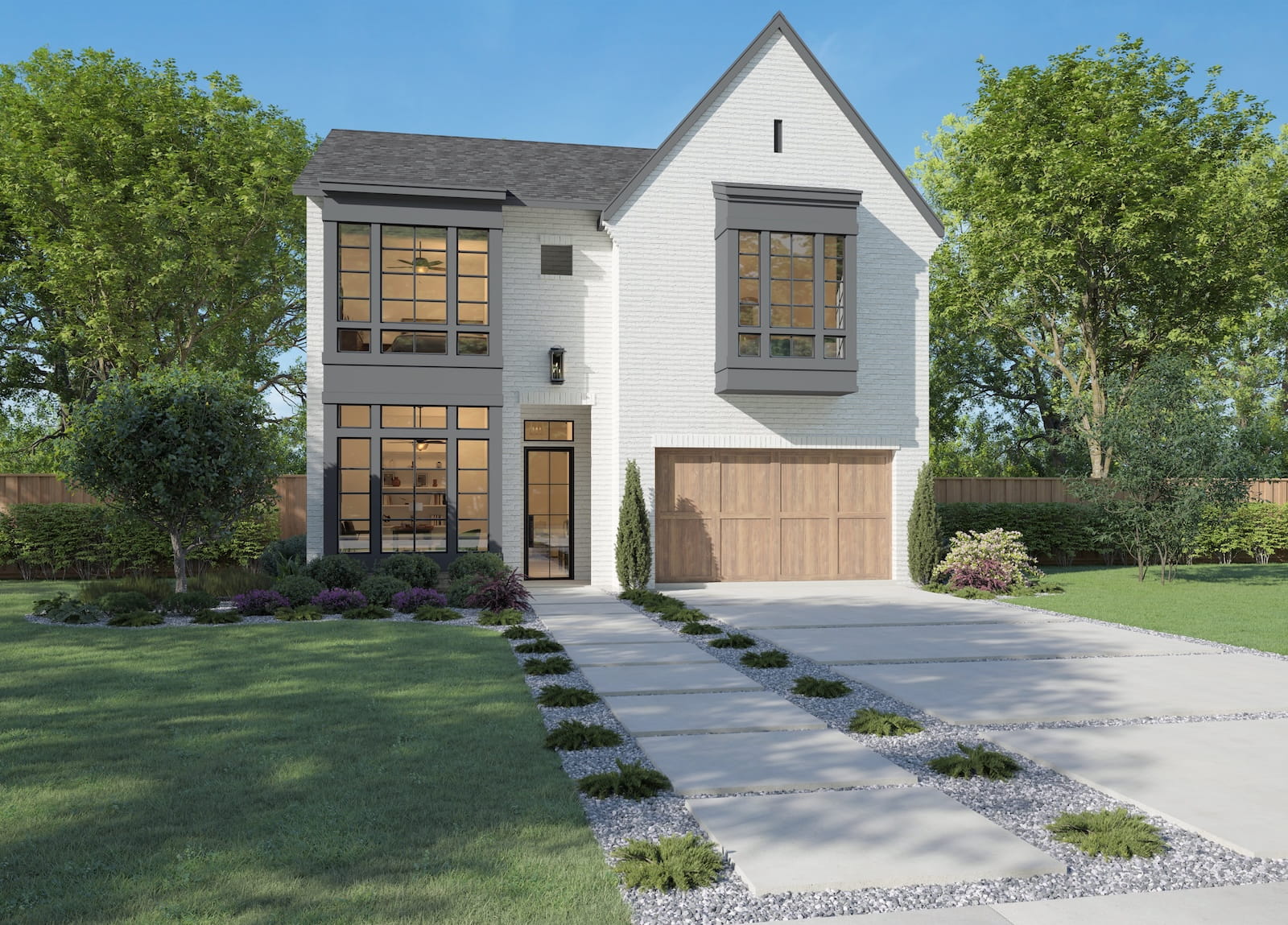 Modern two-story white brick house with large windows, a wooden garage door, a landscaped yard, and a paved walkway leading to the entrance, surrounded by green trees and grass under a clear blue sky.