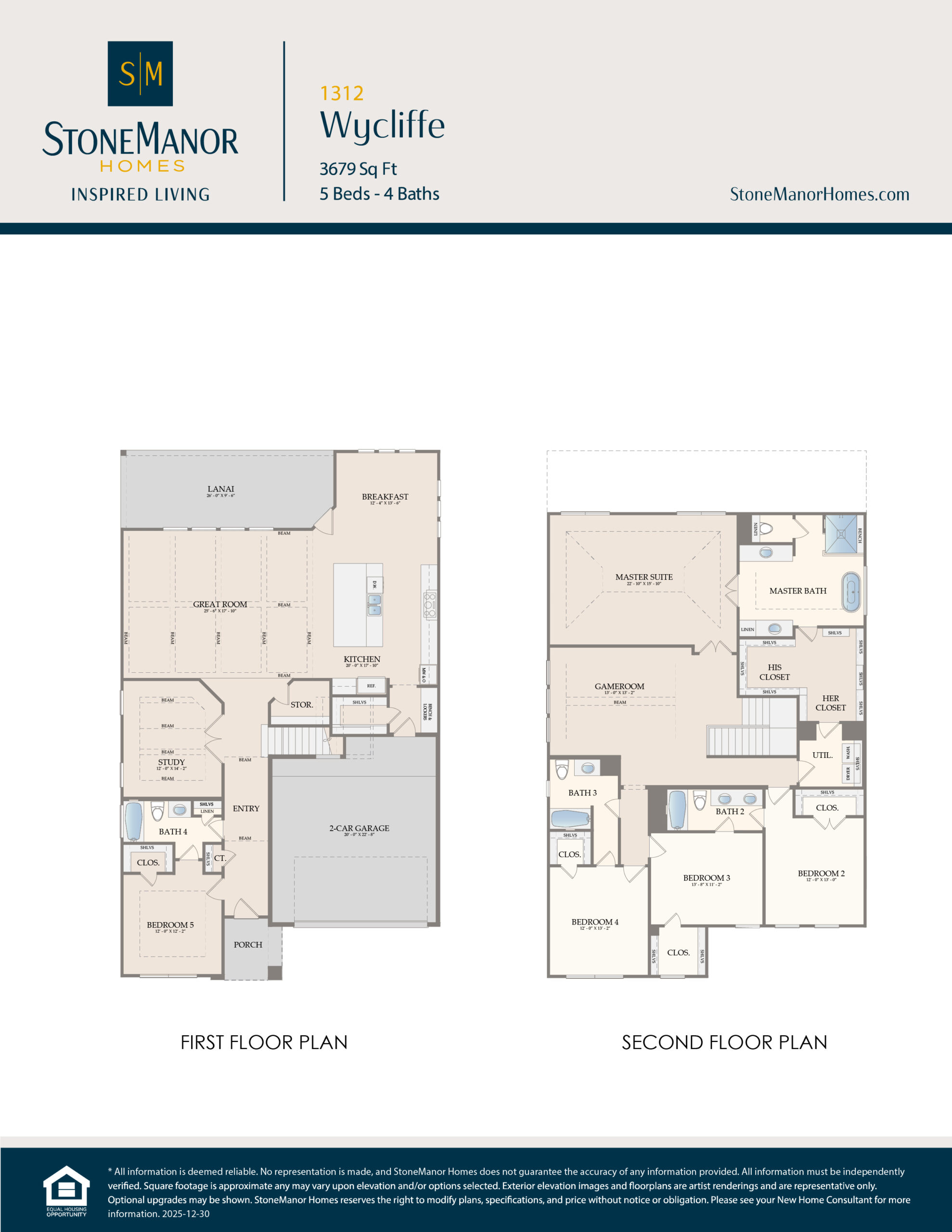 Two-floor house plan labeled “Wycliffe” by StoneManor Homes. The first floor shows a foyer, kitchen, dining, great room, flex room, guest suite, bathroom, and garage. The second floor shows bedrooms, bathrooms, and a laundry room.