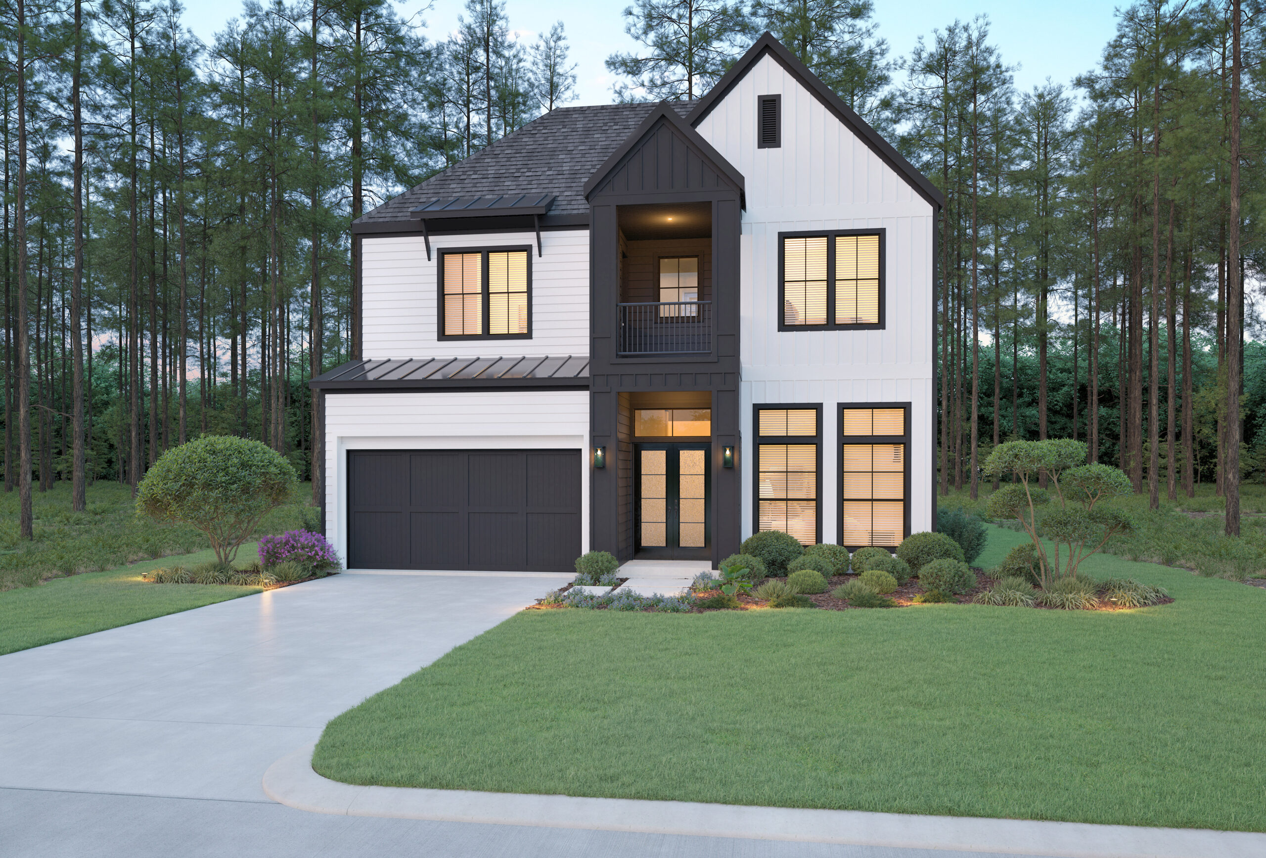 Modern two-story house with black and white exterior, large windows, a double garage, and a well-manicured lawn, surrounded by trees in the background.