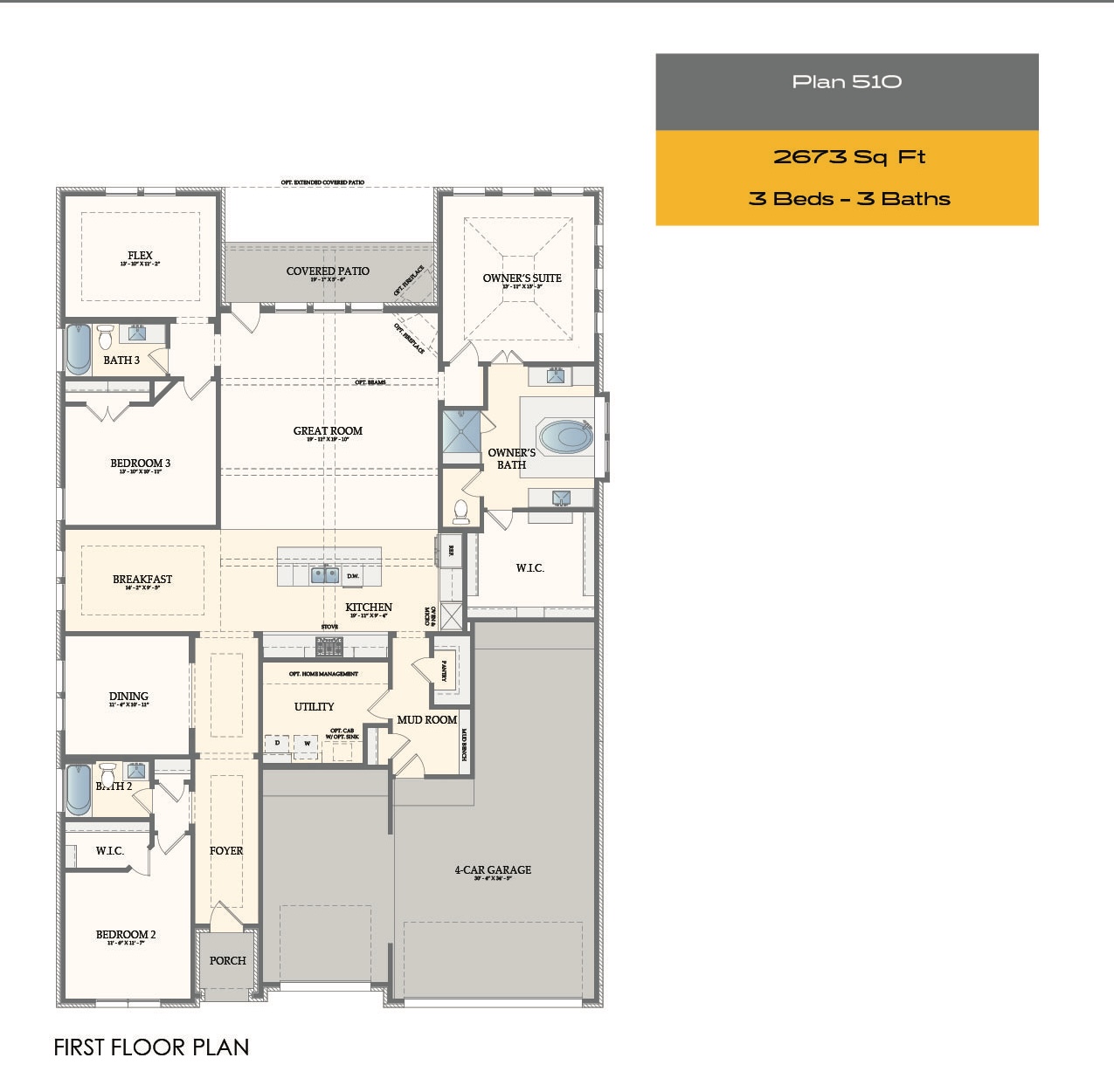 Floor plan for a single-story house, Plan 510, 2,673 sq ft—one of the top Single Story House Plans in Houston TX—featuring 3 bedrooms, 3 baths, a 2-car garage, open kitchen, dining and great room, study, utility room, and covered patio.