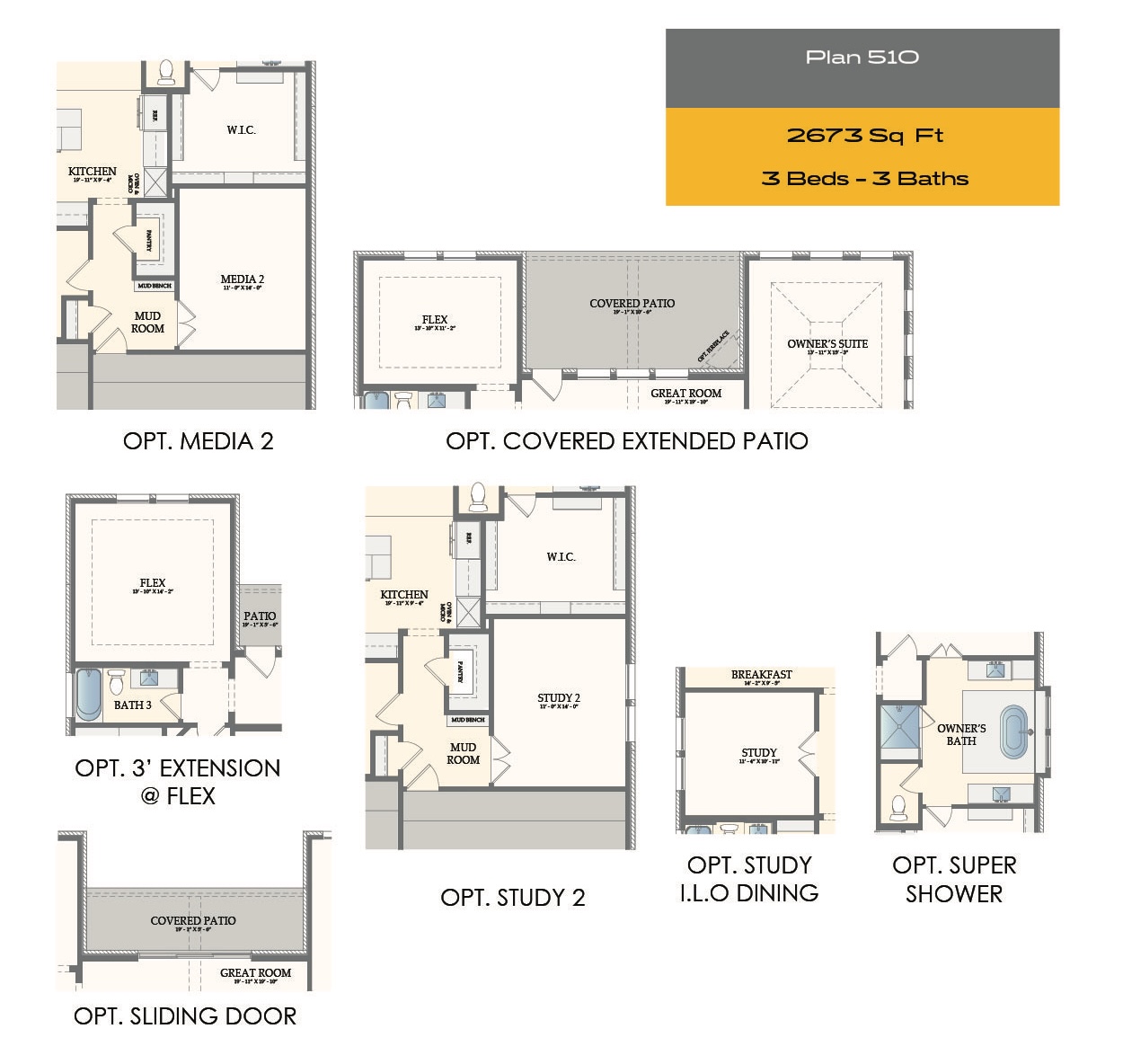 Floor plan for a 2,673 sq. ft. single story house in Houston, TX with 3 bedrooms and 3 bathrooms. Features options for a media room, covered patio, sliding door, extra shower, extended areas, and study spaces.