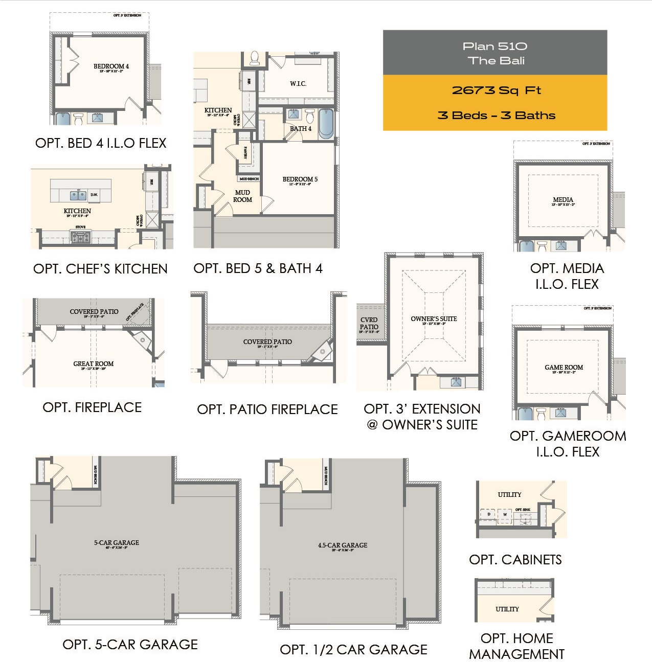 Explore versatile Single Story House Plans in Houston TX with this 3-bed, 3-bath, 2,673 sq ft home. Customize your space with options for extra bedrooms, kitchen upgrades, media and game rooms, fireplaces, garages, cabinets, and a home management area.