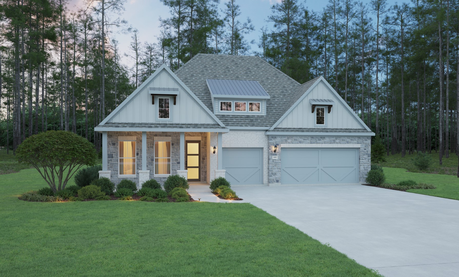 front elevation of the ibiza model from stonemanor homes with a 3 car garage and white siding