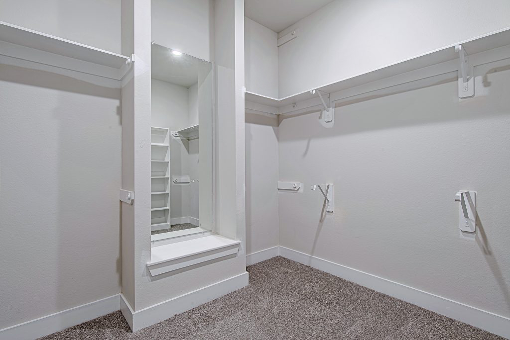 Spacious, empty walk-in closet with carpeted floor, white shelves, and a built-in full-length mirror. The walls and trim are painted white, and there is overhead lighting.
